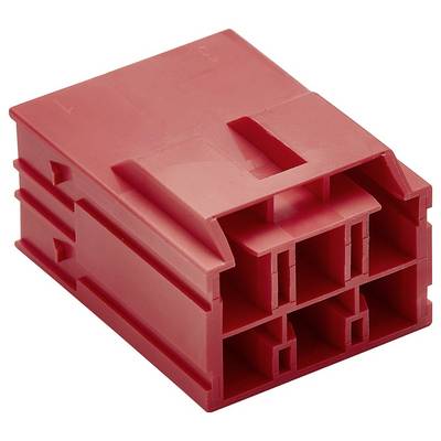 Czerwona plastikowa obudowa złącza elektrycznego z wieloma otworami przyłączeniowymi, o prostokątnym kształcie, z pionowym kanałem.