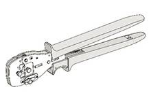 Schematyczny rysunek szczypiec do zaciskania z dwoma uchwytami i mechanizmem do łączenia połączeń kablowych.