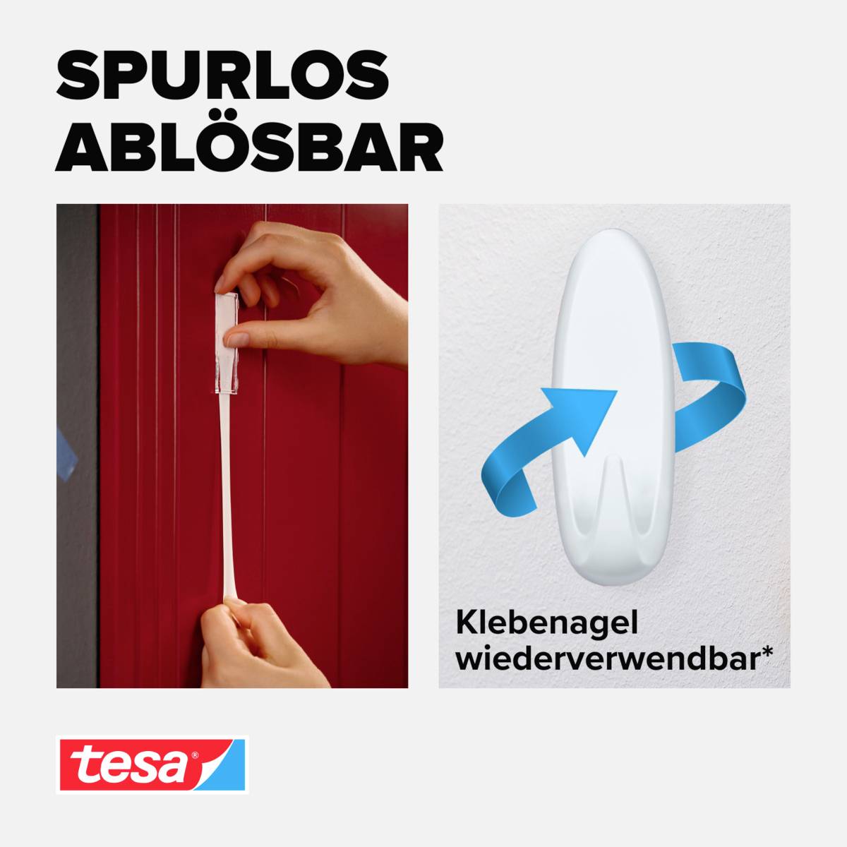 Kołek samoprzylepny wielokrotnego użytku: Bez śladu do usunięcia - prezentuje system mocowania z paskiem klejącym na czerwonej powierzchni, ręce w akcji.
