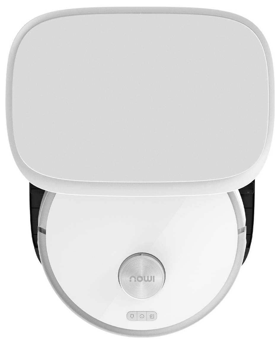 Biały robot odkurzający o prostokątnym kształcie górnej części.