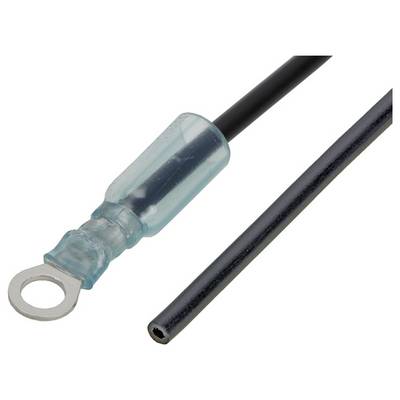 Czarny kabel zakończony złączem w kształcie pierścienia jest częściowo otoczony przezroczystą niebieską izolacją.