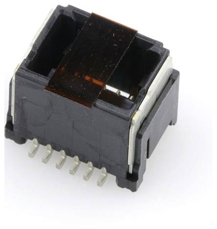 Czarny, prostokątny wtyk elektroniczny z kilkoma srebrzynymi stykami, przeznaczony do łączenia elementów elektrycznych.