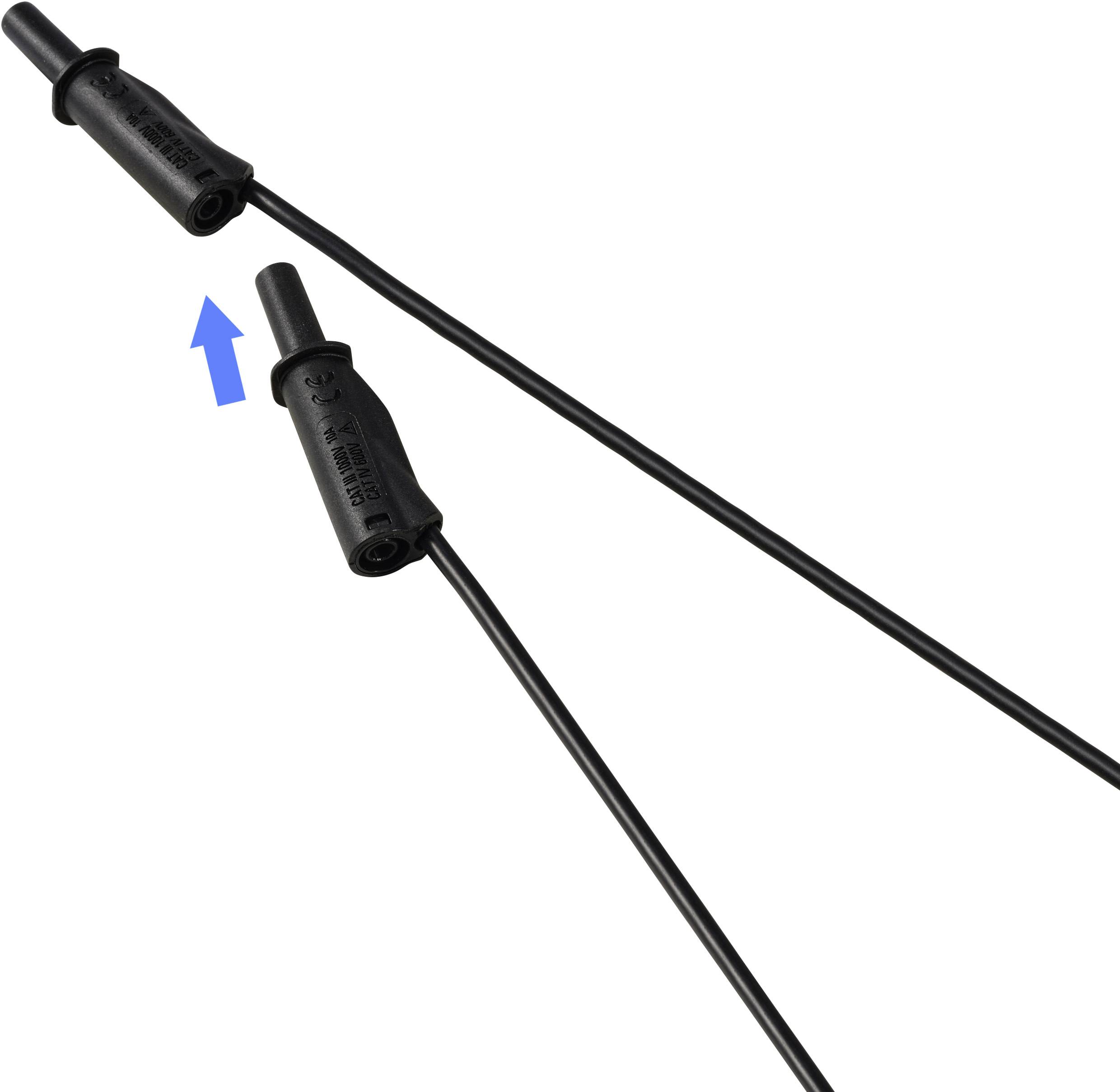 Dwa czarne wtyczki kablowe, jedna wskazuje kierunek strzałki do włożenia.