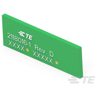 Zielona płytka drukowana z etykietą 'TE 2118016-1 Rev D XXXX XXXXX', zawierająca dwa małe złote okręgi.