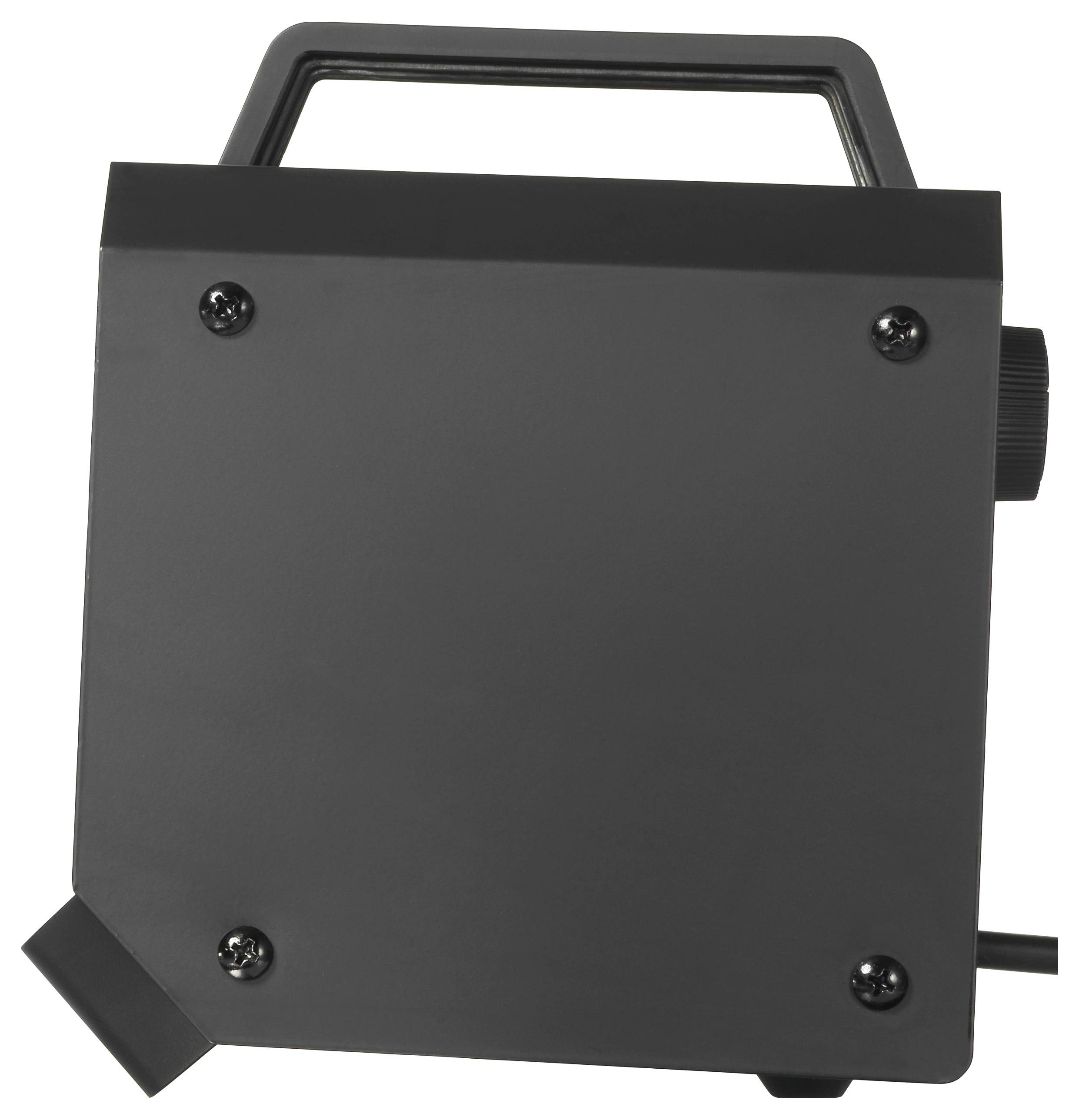 Czarny, kwadratowy przyrząd z uchwytem i bocznym pokrętłem, prawdopodobnie projektor lub inne urządzenie techniczne.