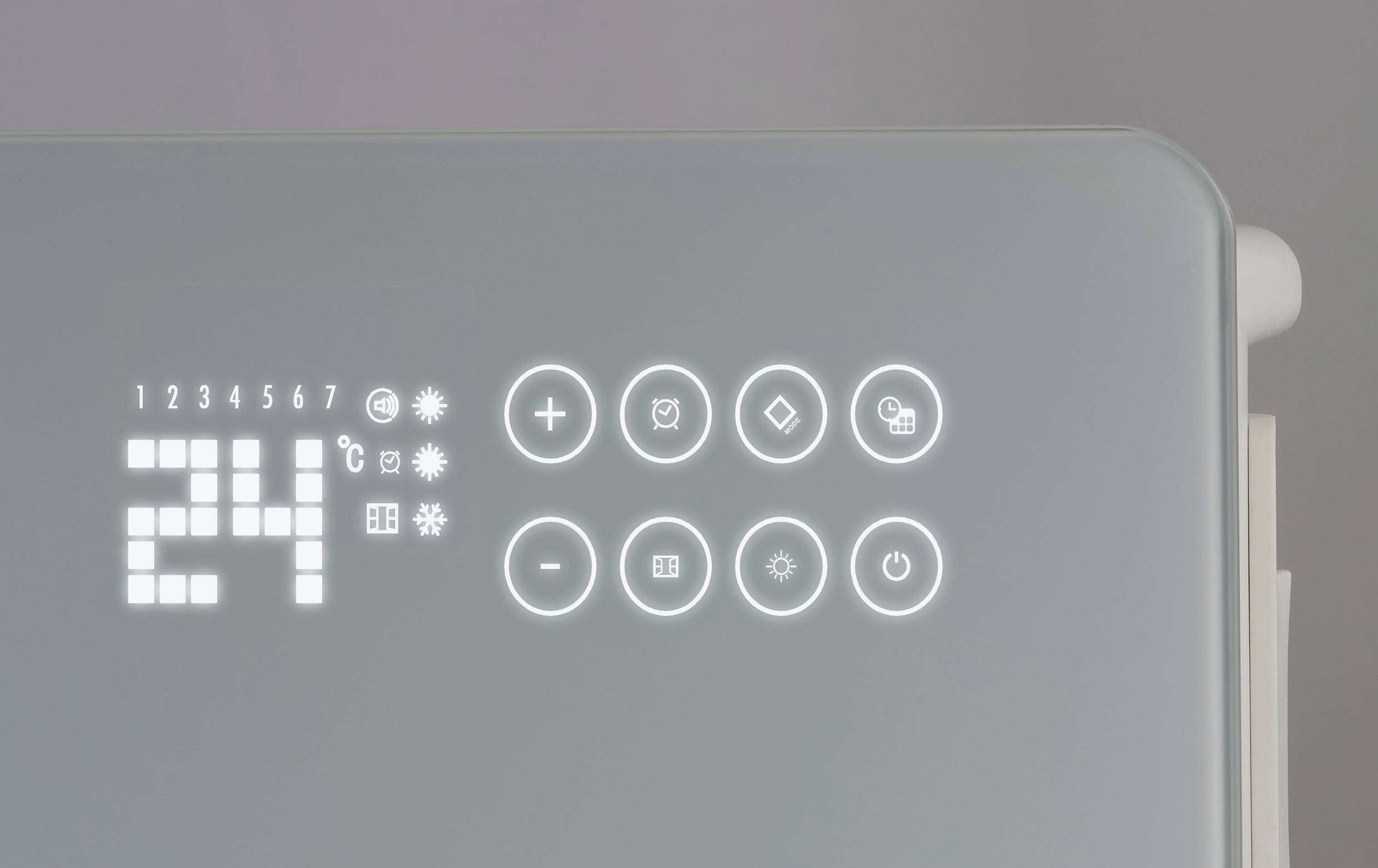 Cyfrowy panel sterujący wskazuje 24°C. Symbole do ustawień: temperatura, timer, wilgotność powietrza oraz przycisk włączania/wyłączania.