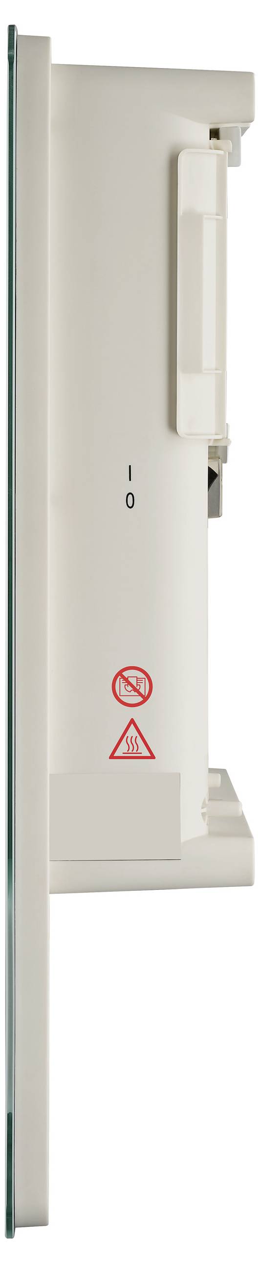 Widok z boku białego urządzenia elektrycznego z czerwonym symbolem ostrzegawczym 'Nie dopuszczać wody'.