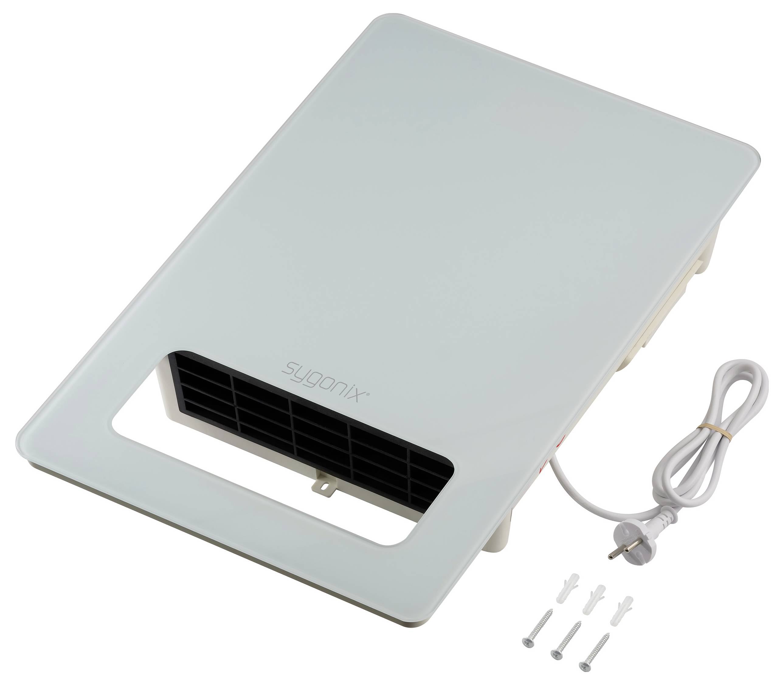 Biały elektryczny termowentylator z przewodem, uchwytem ściennym i śrubami montażowymi. Idealny do użytku wewnątrz pomieszczeń.