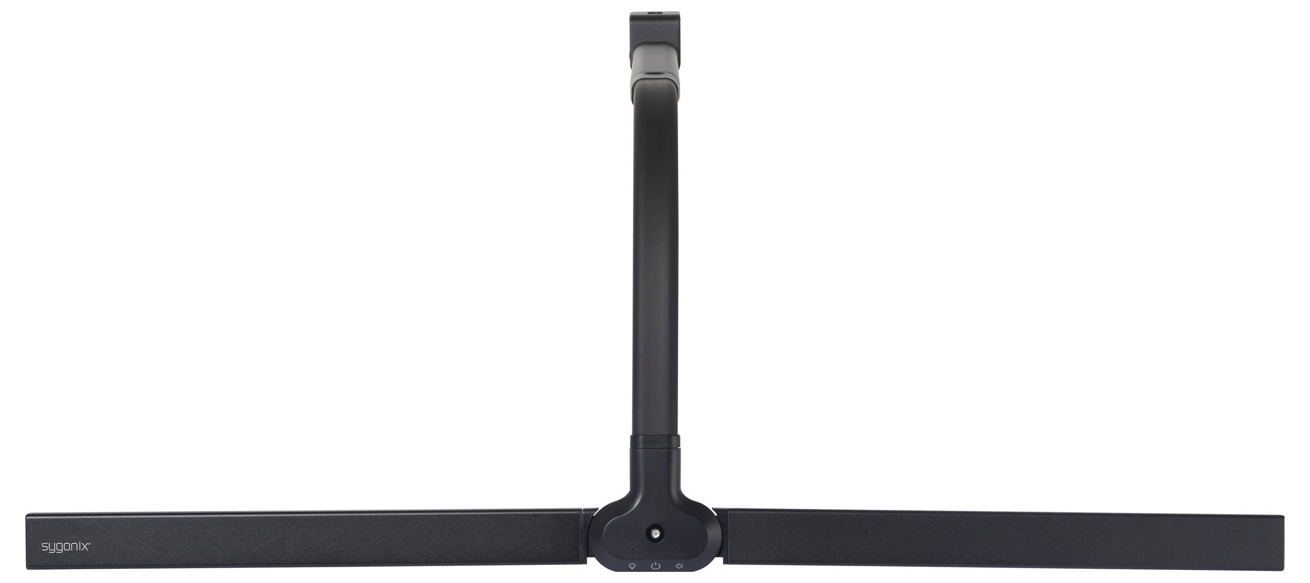 Składana czarna lampa biurkowa w kształcie litery T, widziana z przodu, z obrotową częścią środkową.