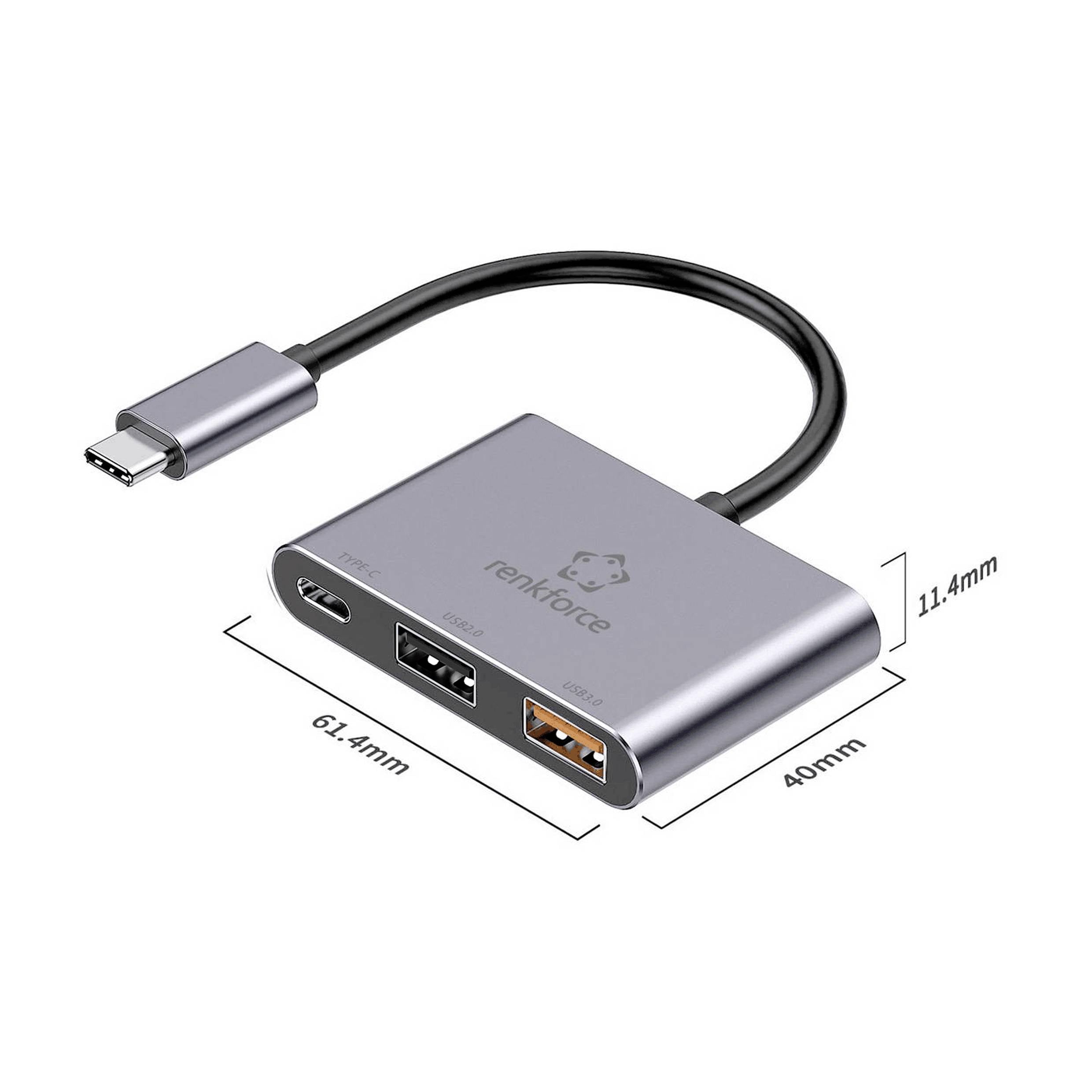 Szary hub USB-C z trzema portami: HDMI, USB-A 3.0, USB-A 2.0. Wymiary wynoszą 61,4 mm x 40 mm x 11,4 mm. Złącze kablowe w lewym górnym rogu.