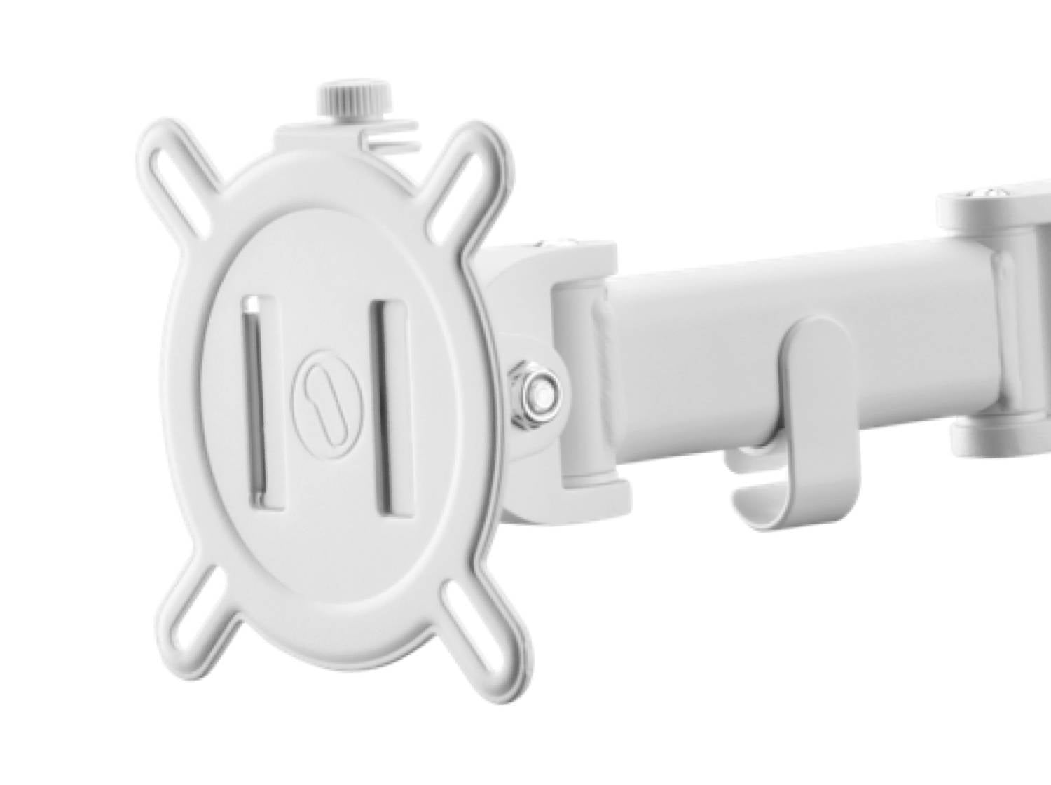 Biała, regulowana podstawa do monitora lub telewizora z systemem mocowania zatrzaskowego i śrubowym, widoczna z boku.