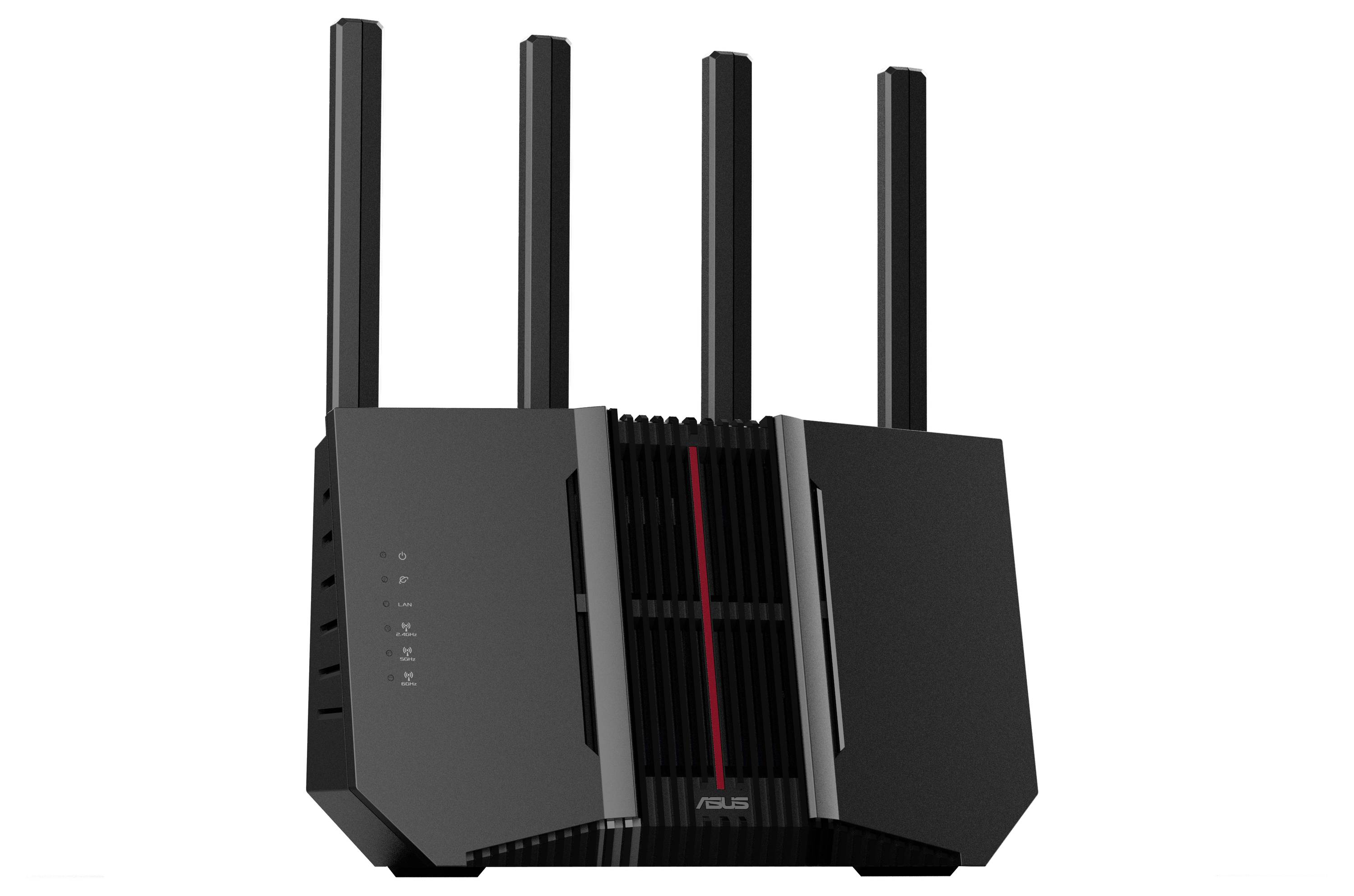 Czarny router WiFi z czterema pionowo ustawionymi antenami i wieloma gniazdami z boku; nowoczesna, smukła budowa.