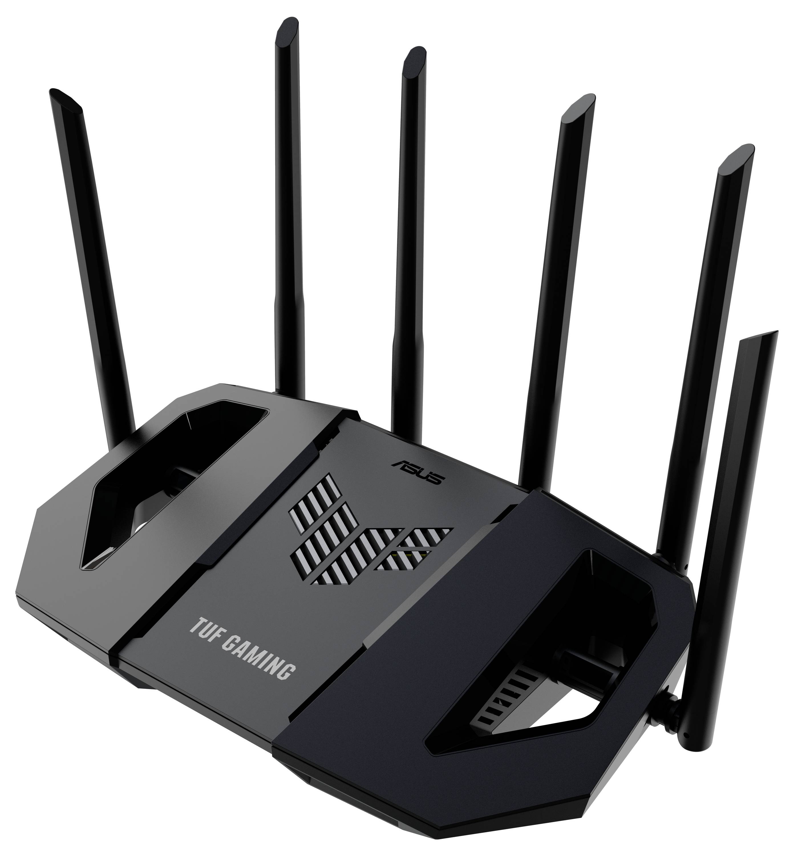 Czarny router gamingowy z wieloma antenami, model 'TUF Gaming' firmy ASUS, przeznaczony do wydajnej sieci bezprzewodowej.