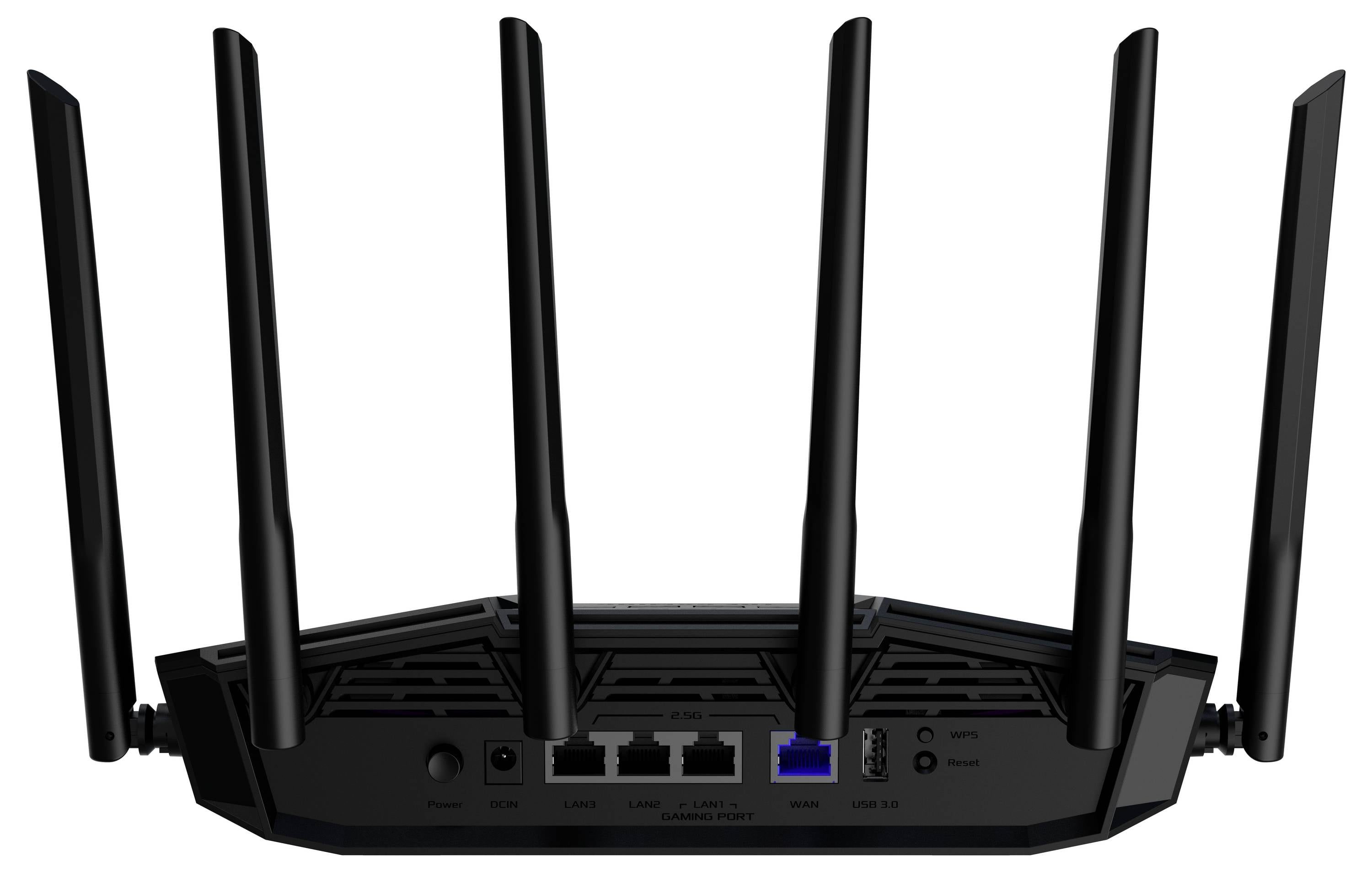 Czarny router Wi-Fi z sześcioma antenami, czterema portami Ethernet oraz niebieskim portem internetowym z tyłu.