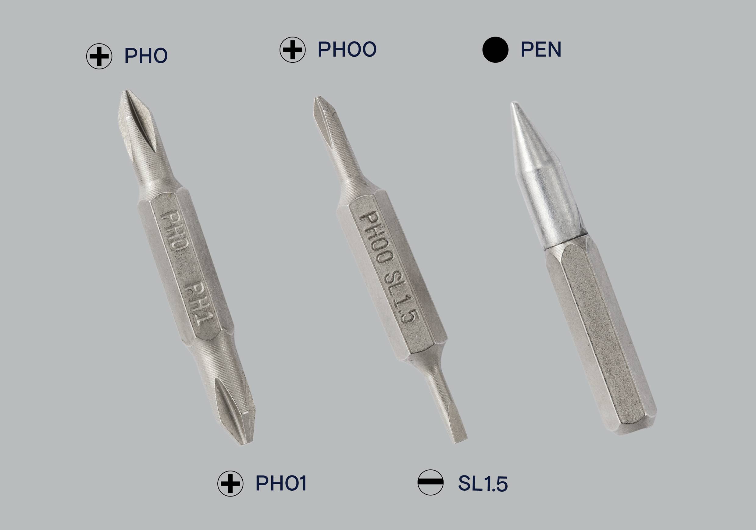 Trzy końcówki śrubokrętów: bit krzyżakowy Phillips PH0 i PH00, płaski SL1.5 oraz trzeci bit w kształcie szpicem na szarym tle.