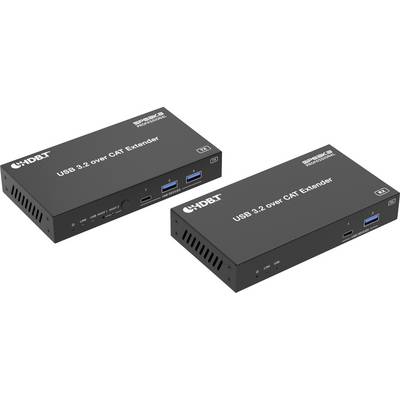 Dwa czarne porty USB 3.2 przez przedłużacz CAT z wieloma złączami, oznaczone jako 'HDBaseT'.