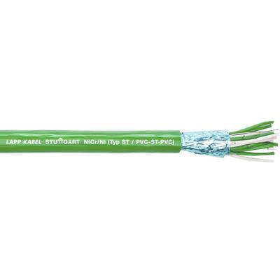 Zielony kabel z białym nadrukiem: 'LAPP KABEL STUTTGART NIC/NI (typ ST / PVC-ST-PVC)'. Końce kabla ujawniają pojedyncze przewody.