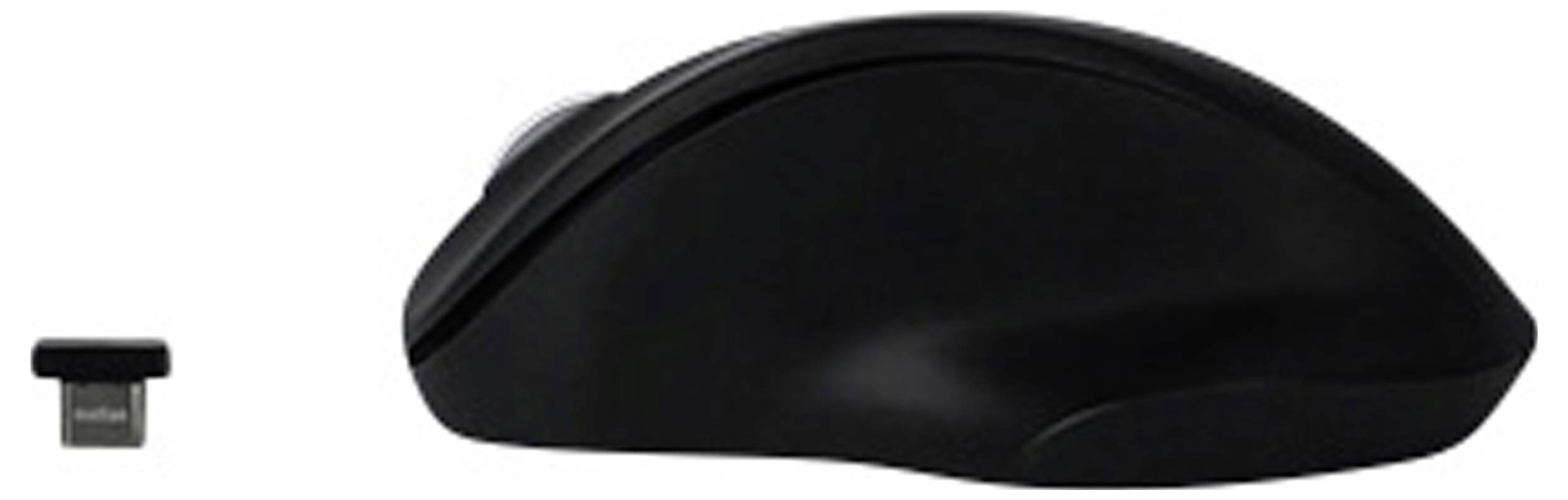Bezprzewodowa, czarna mysz komputerowa o ergonomicznym kształcie, obok której znajduje się odbiornik USB do bezprzewodowego połączenia.
