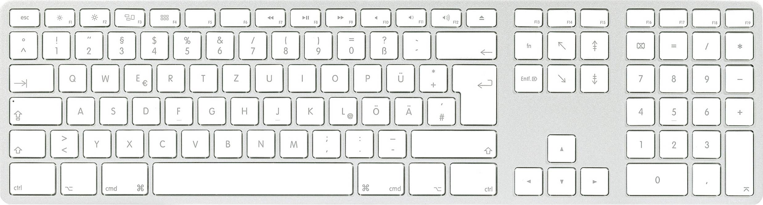 Бездротова алюмінієва клавіатура Matias FK418DCS-DE з USB-C® для Mac (німецька, QWERTZ, Macintosh)