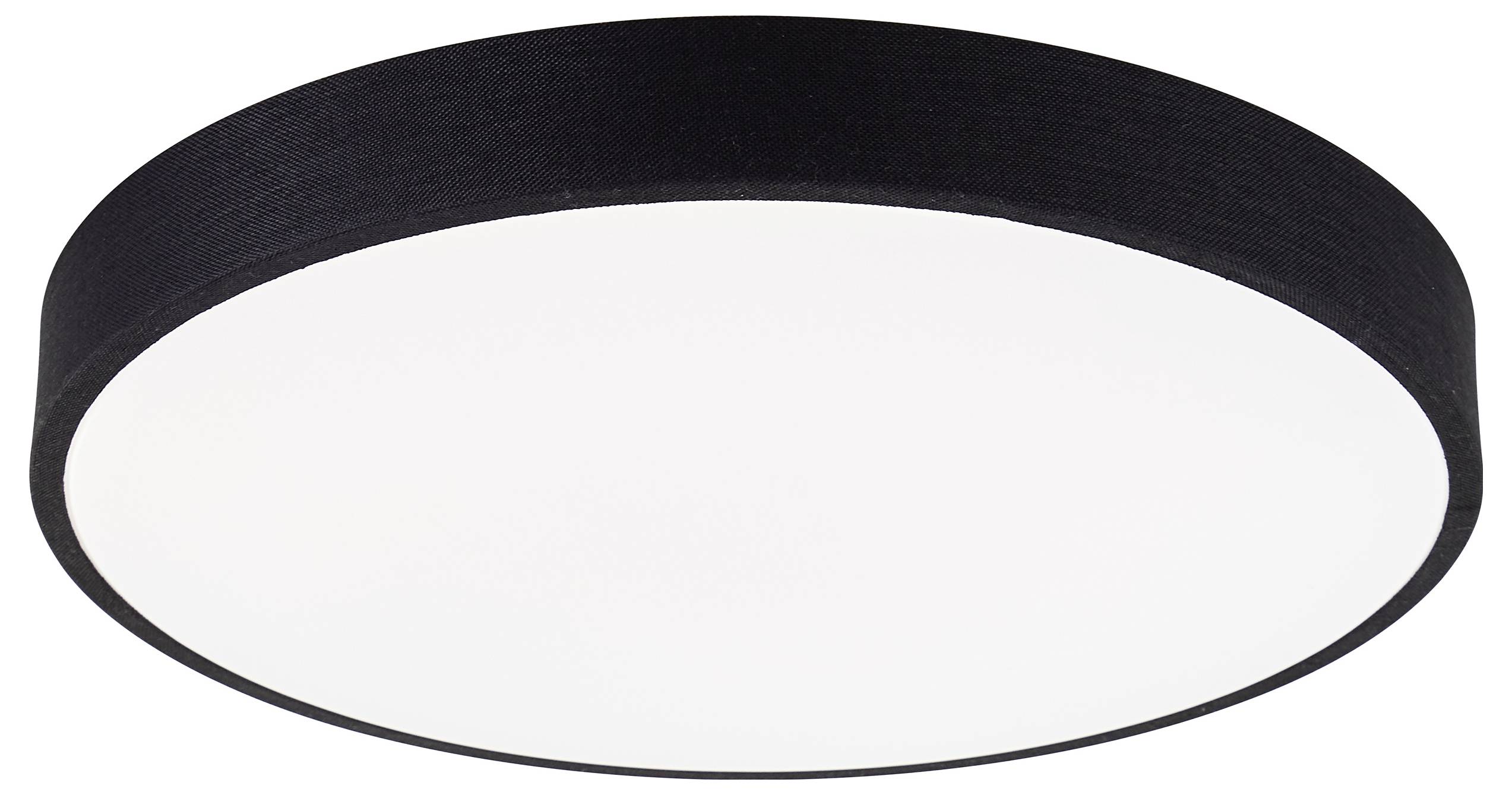 Czarna, okrągła lampa sufitowa z białym kloszem, równomiernie rozpraszająca światło. Minimalistyczny design, idealny do nowoczesnych wnętrz.