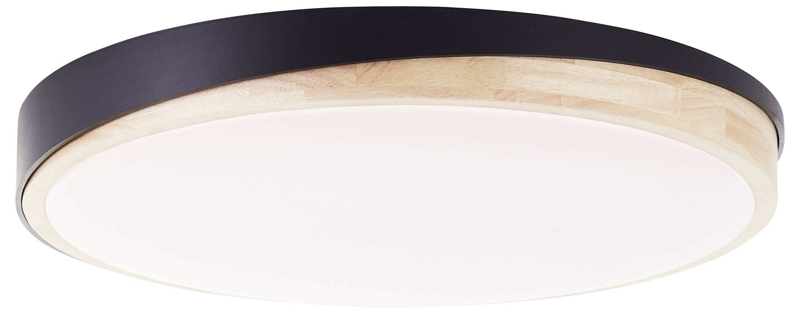 Okrągła lampa sufitowa z czarną obwódką i jasną drewnianą obudową. Nowoczesny design, który komponuje się z różnymi stylami wnętrz.