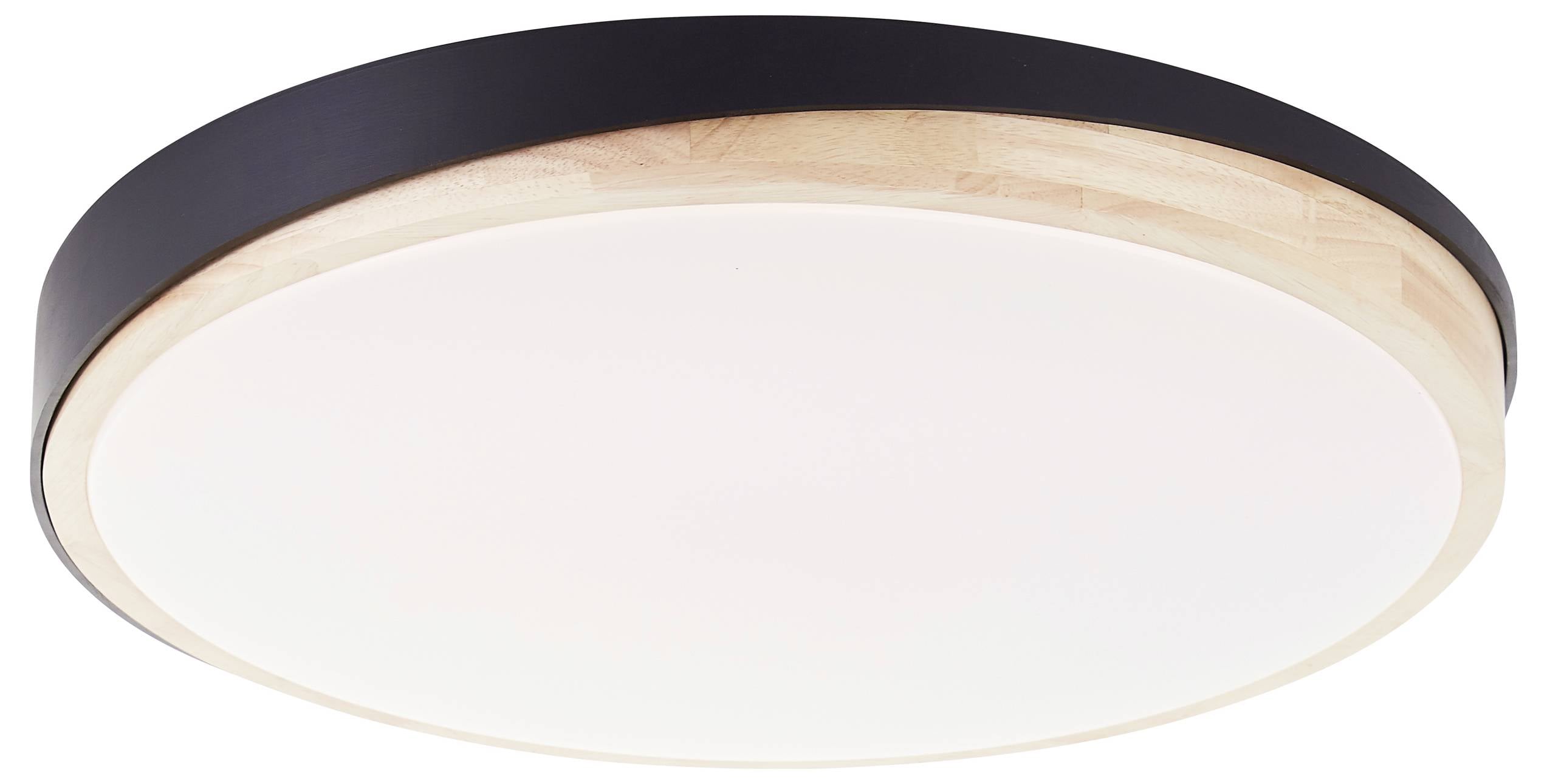 Okrągła lampa sufitowa z czarną obwódką i jasnym akcentem drewnianym. Nowoczesny, minimalistyczny design do wnętrz.