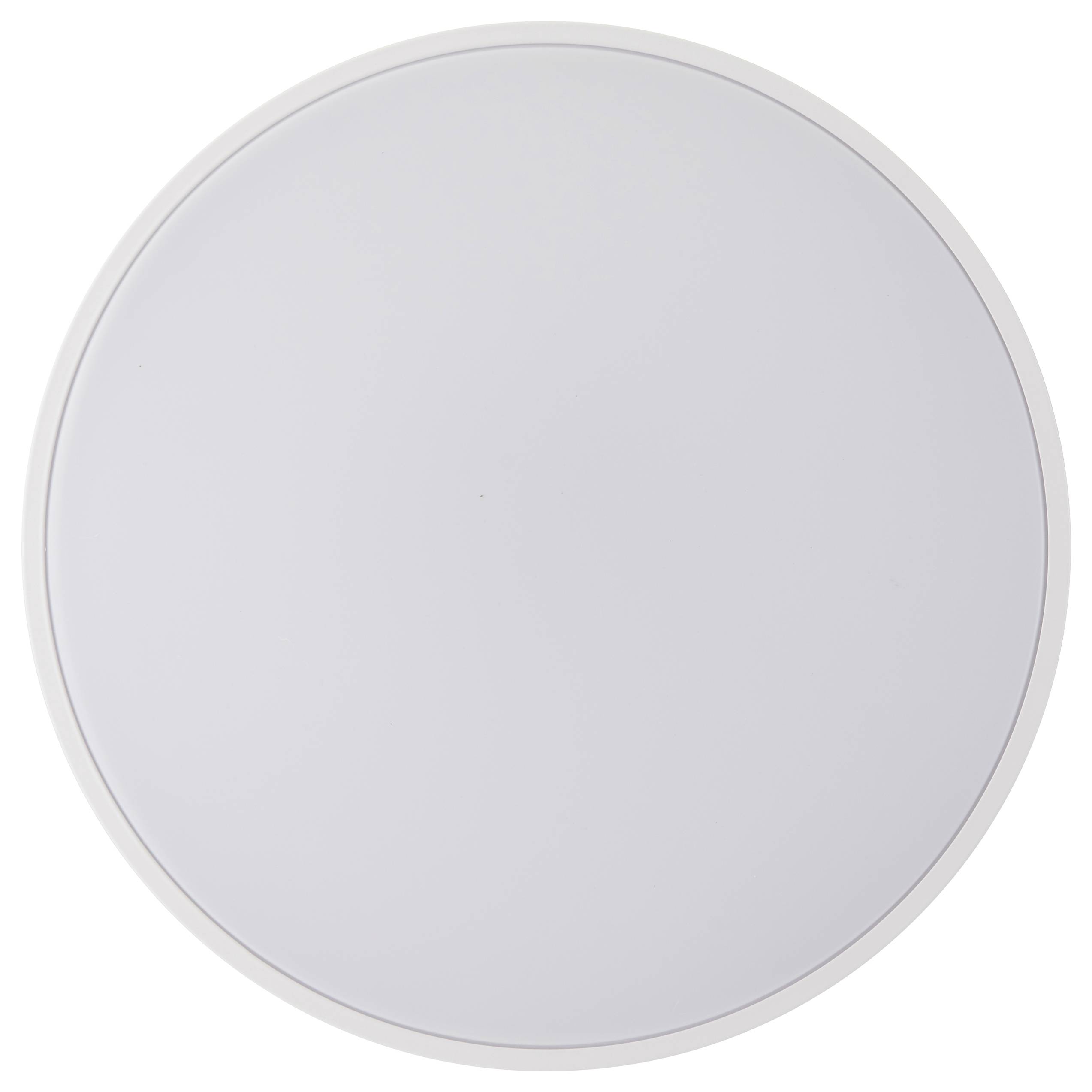 Okrągła, biała lampa sufitowa LED o minimalistycznym designie, pozbawiona widocznych ozdób lub detali.