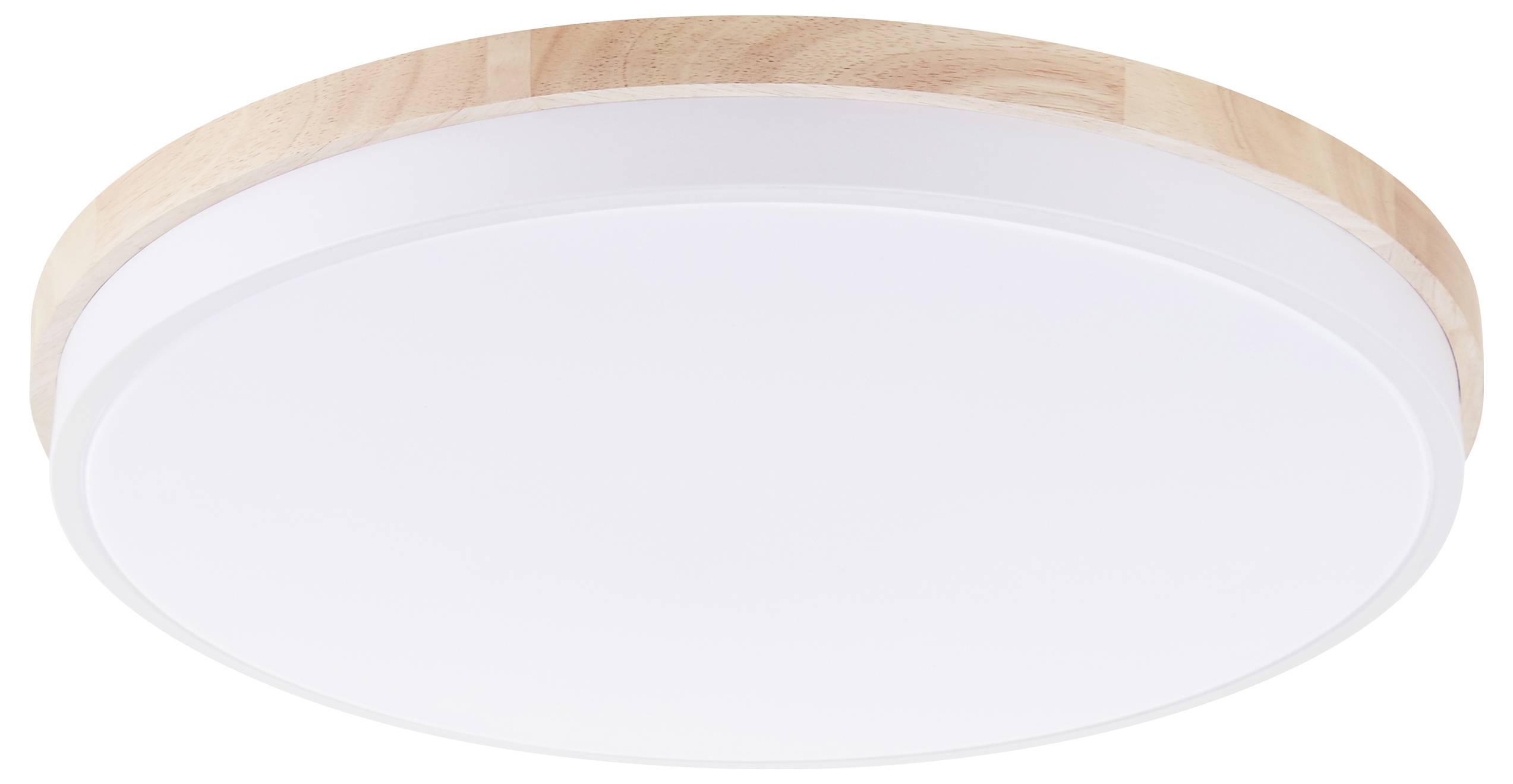 Lampa sufitowa o okrągłym, płaskim kształcie z drewnianą obramówką w nowoczesnym stylu.