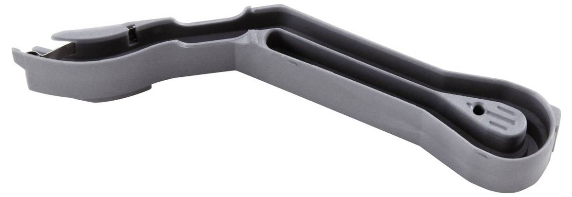 Szare plastikowe narzędzie o wygiętym kształcie, prawdopodobnie przeznaczone do otwierania puszek z napojami lub podobnych pojemników.