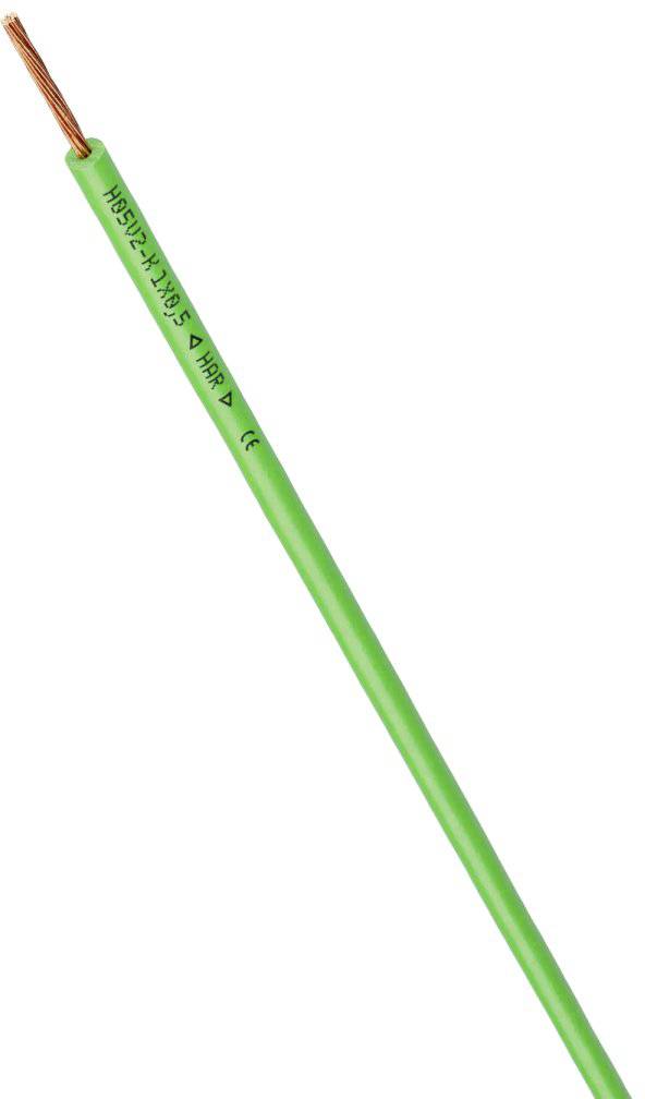 Zielony przewód elektryczny z odkrytym drutem miedzianym na jednym końcu. Na przewodzie widnieje napis 'H05V-K 1x0.5 mm²'.