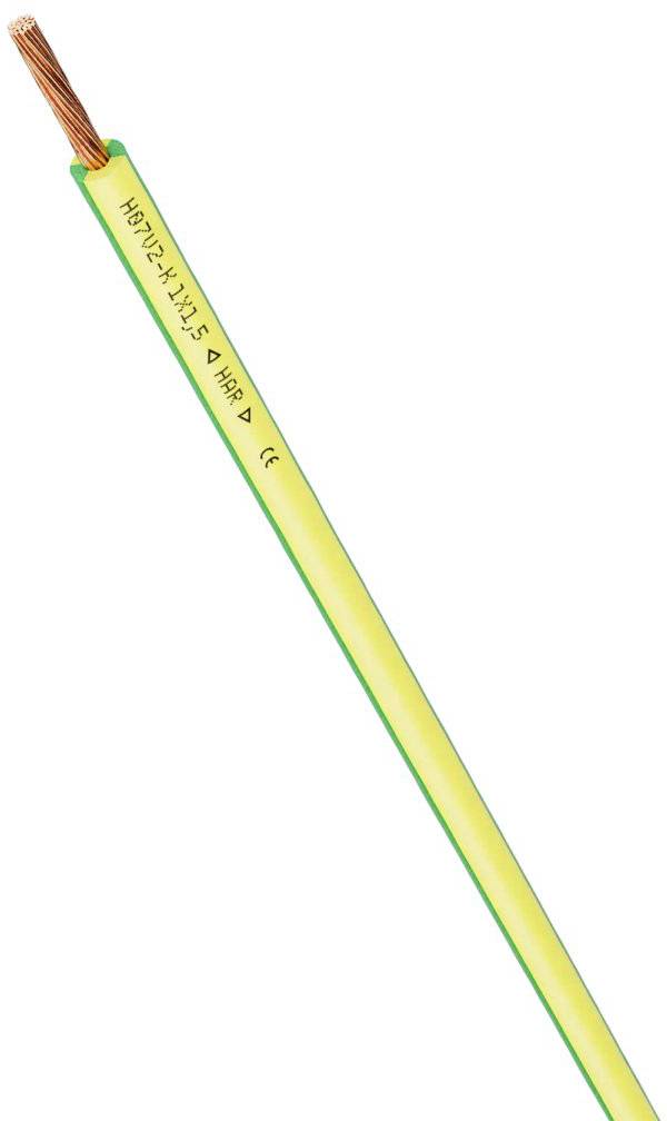 Żółto-zielony kabel elektryczny z odkrytym przewodem miedzianym. Napis: 'H05V-K 1X1,5 H07V-K 1X1,5 VDE 4HO.'
