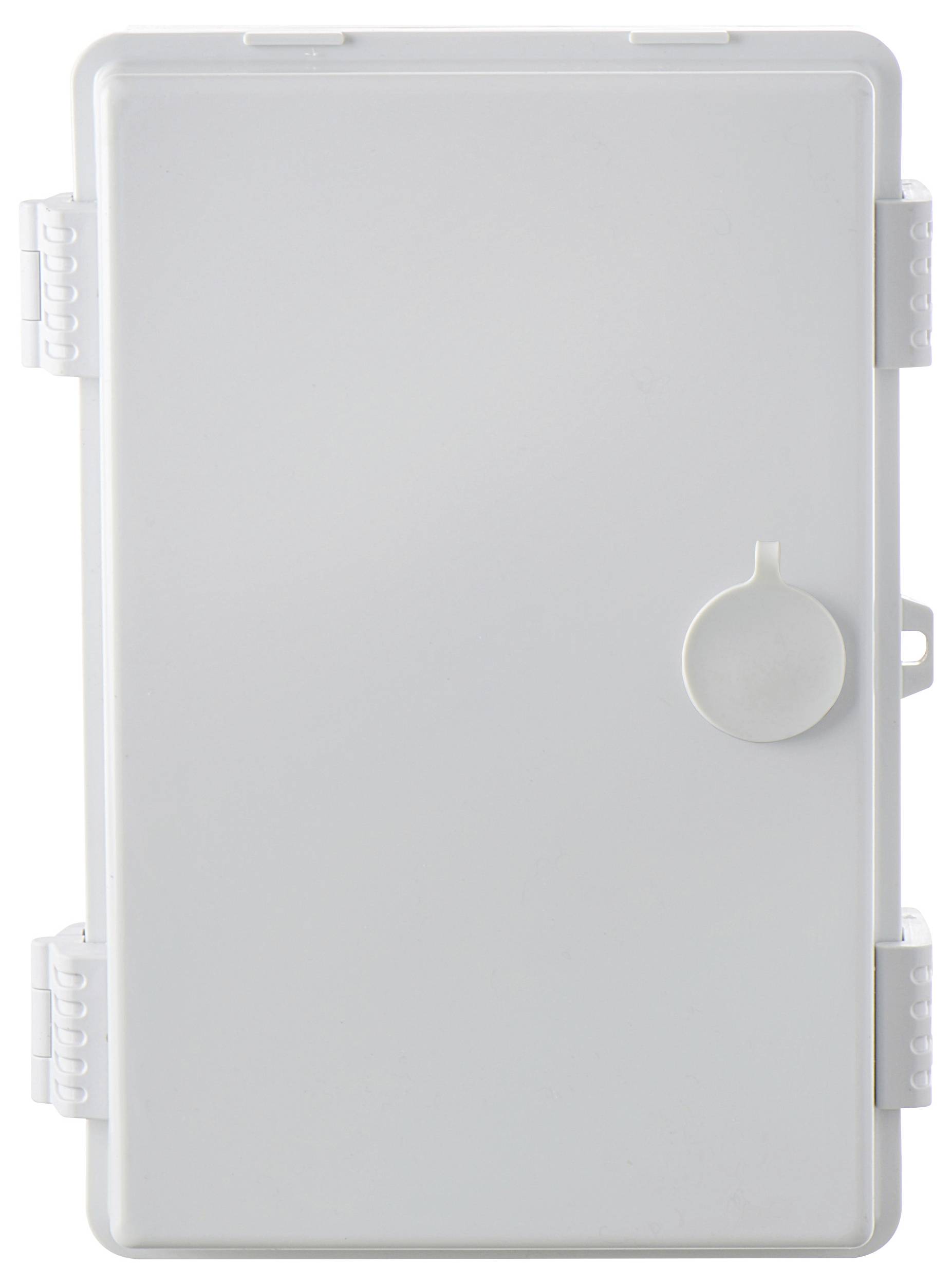 Prostokątne, białe pudełko z tworzywa sztucznego z czterema zawiasami i okrągłym wypustem po prawej stronie.