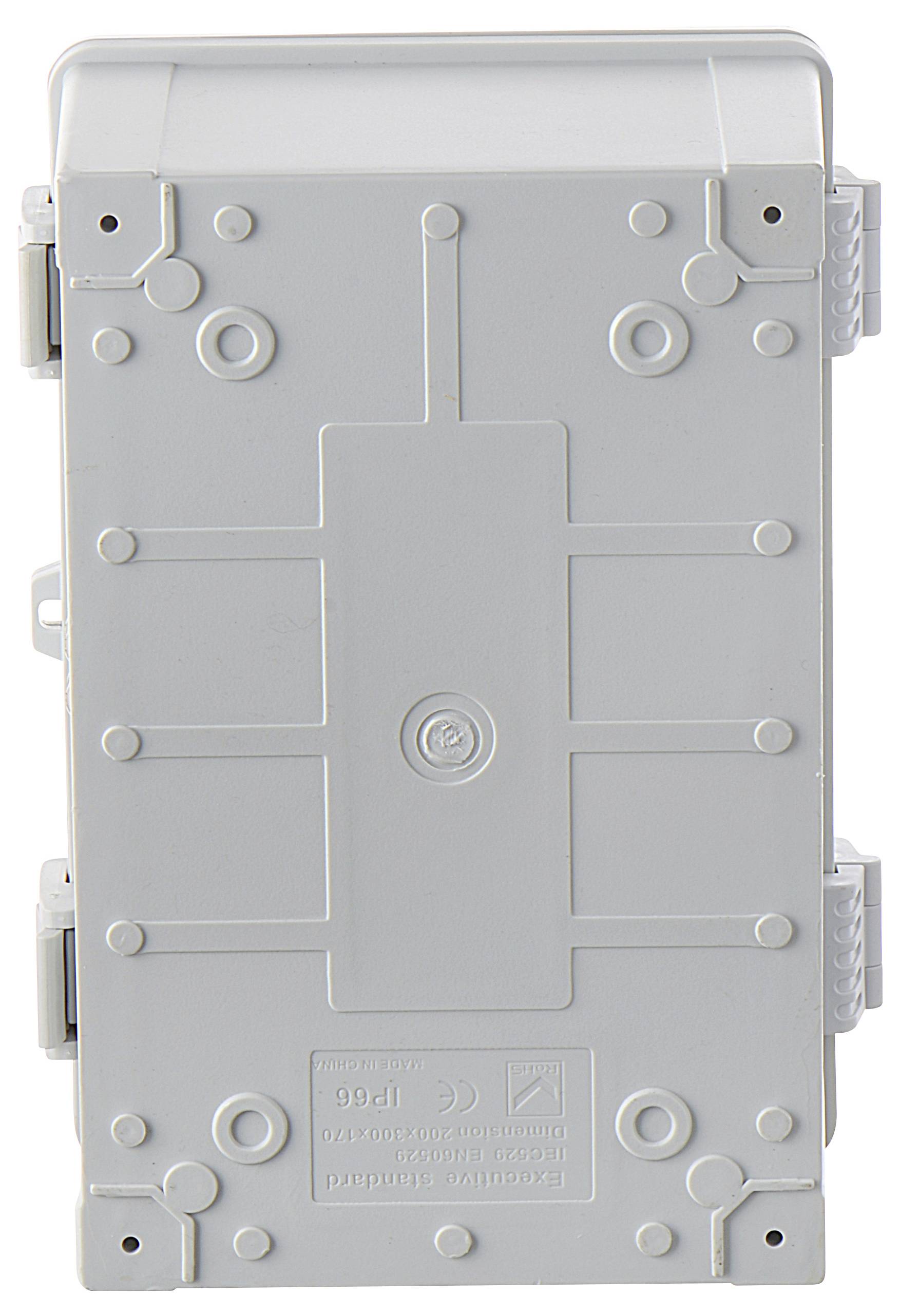 Szara, prostokątna skrzynka z tworzywa sztucznego z mocowaniami śrubowymi w narożnikach, odpowiednia do montażu ściennego wewnątrz lub na zewnątrz budynku.