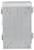Szara, prostokątna skrzynka z tworzywa sztucznego z mocowaniami śrubowymi w narożnikach, odpowiednia do montażu ściennego wewnątrz lub na zewnątrz budynku.