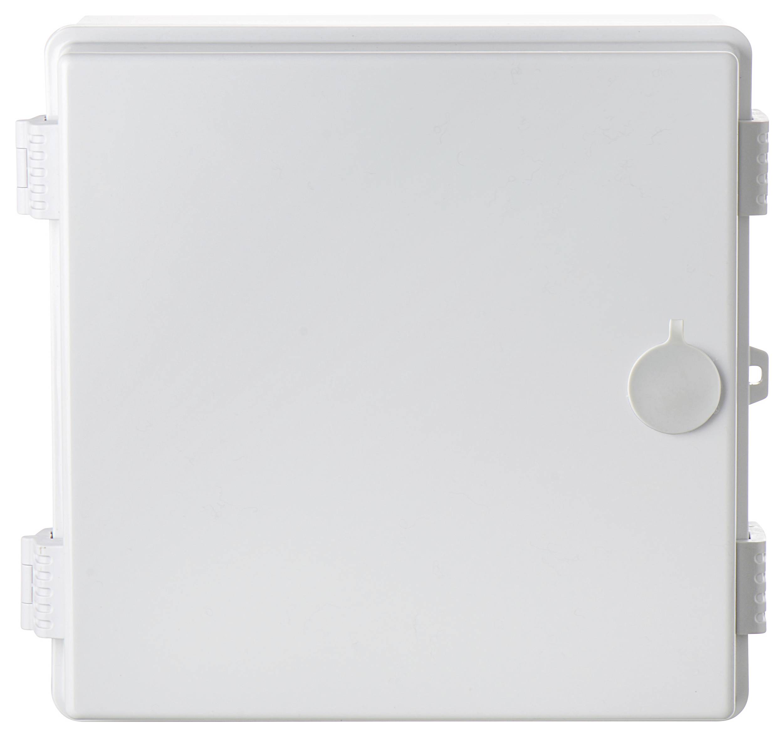 Białe, kwadratowe pudełko z zamknięciami bocznymi i okrągłą rączką z przodu, na neutralnym tle.