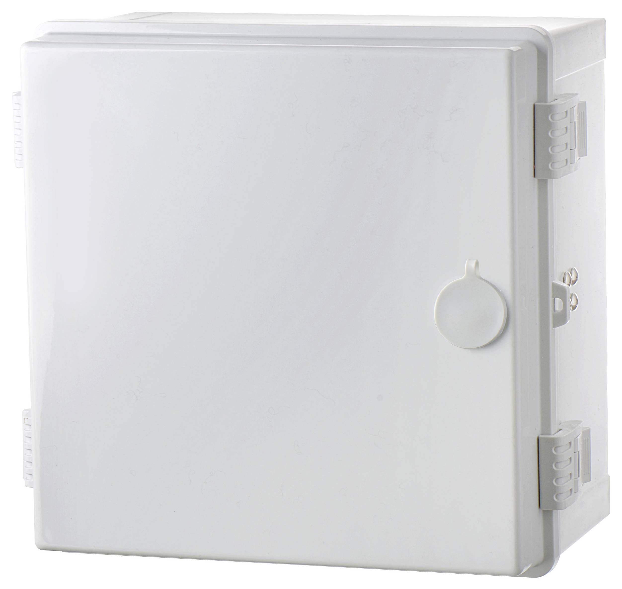 Biała, kwadratowa obudowa zewnętrzna z zawiasami i zamknięciami, prawdopodobnie wodoodporna skrzynka na elektronikę.