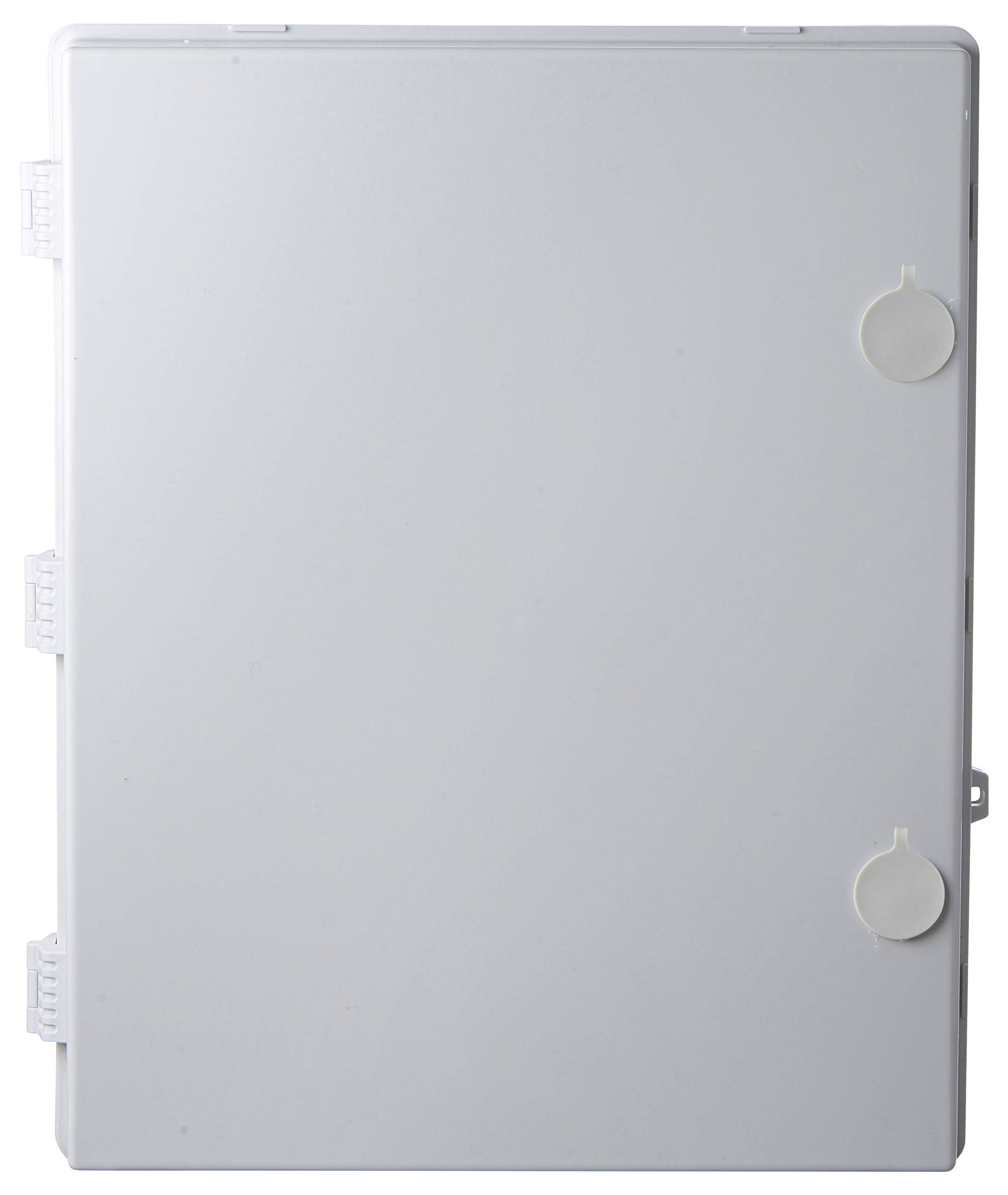 Białe, prostokątne obudowa o zaokrąglonych rogach z dwoma okrągłymi przykryciami po prawej stronie.