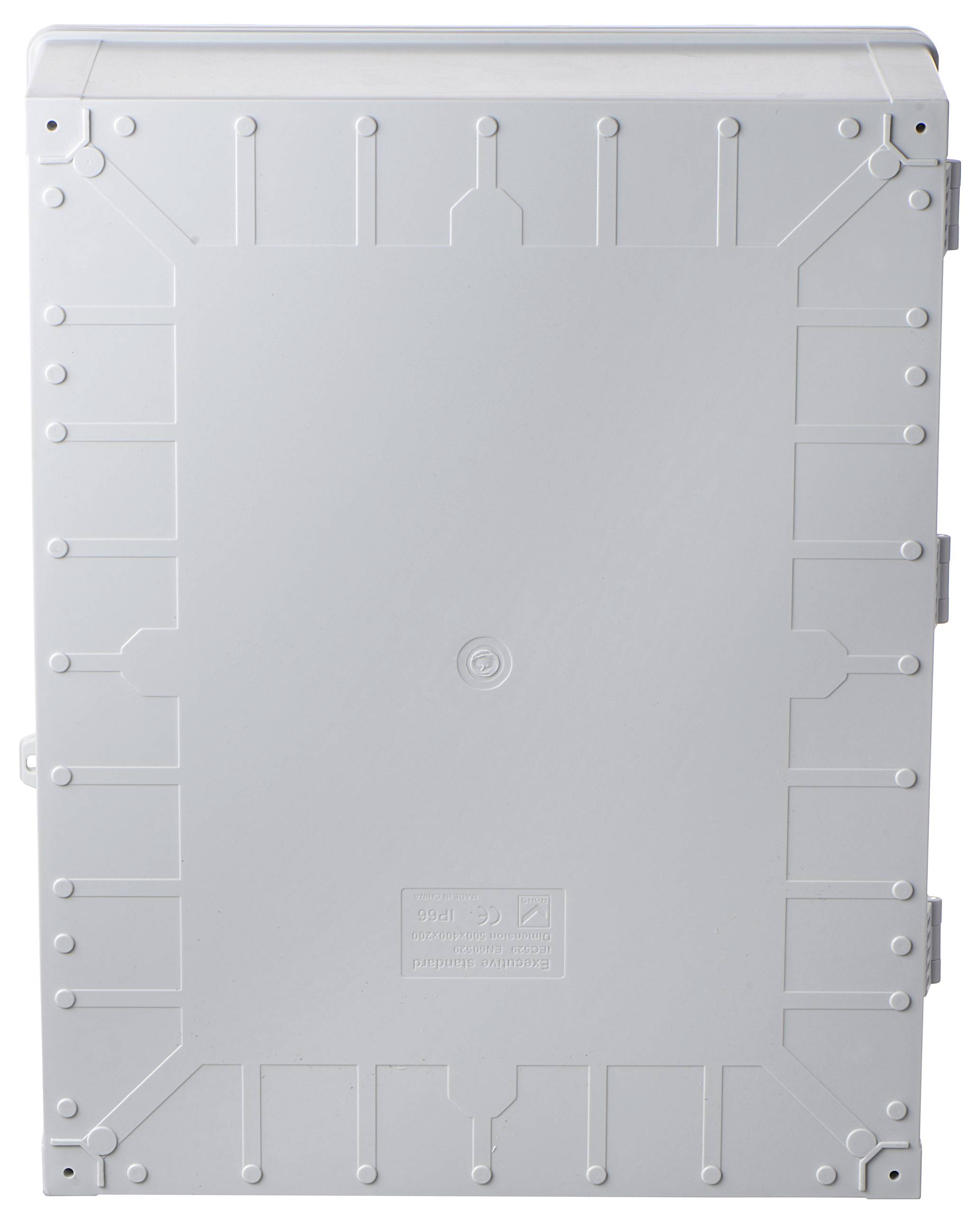 Prostokątna, szara obudowa z wyprofilowanymi krawędziami, prawdopodobnie zewnętrzna szafa rozdzielcza.