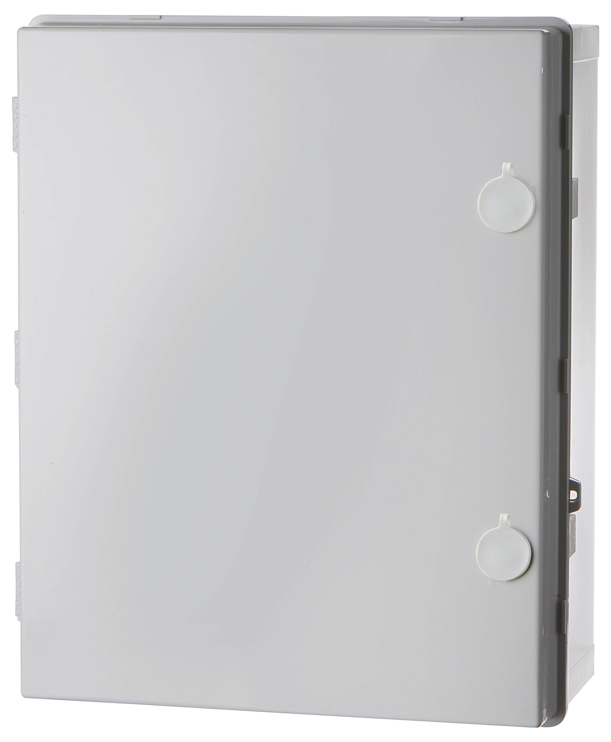 Prostokątne szare pudełko z dwoma okrągłymi elementami na przedniej ścianie, prawdopodobnie rozdzielnica elektryczna, na białym tle.