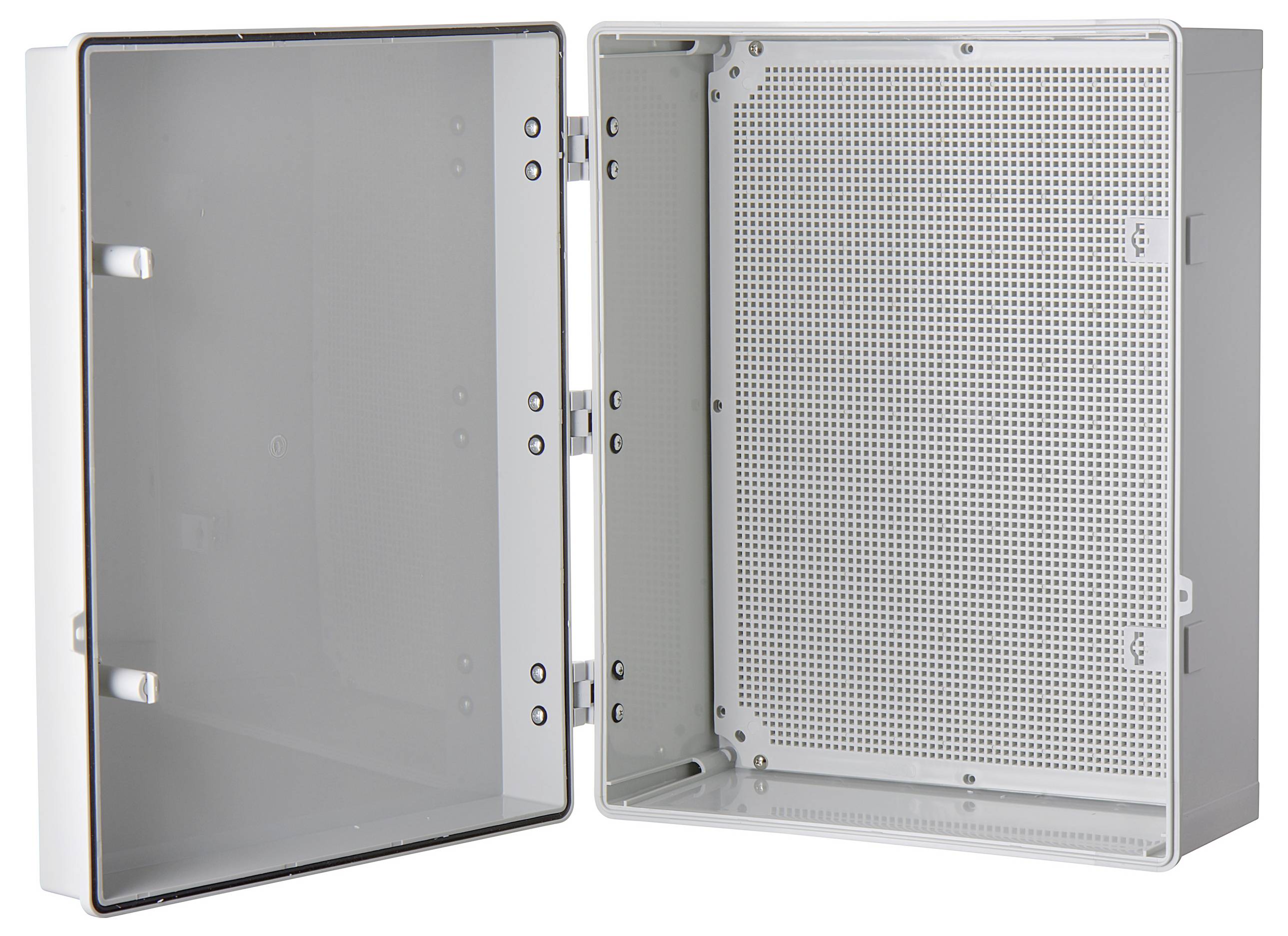 Obudowa w kolorze białym z otwartą konstrukcją, wyposażona w metalową tylną ścianę i przezroczystą pokrywę, przeznaczona do zastosowań technicznych lub instalacji elektrycznych.