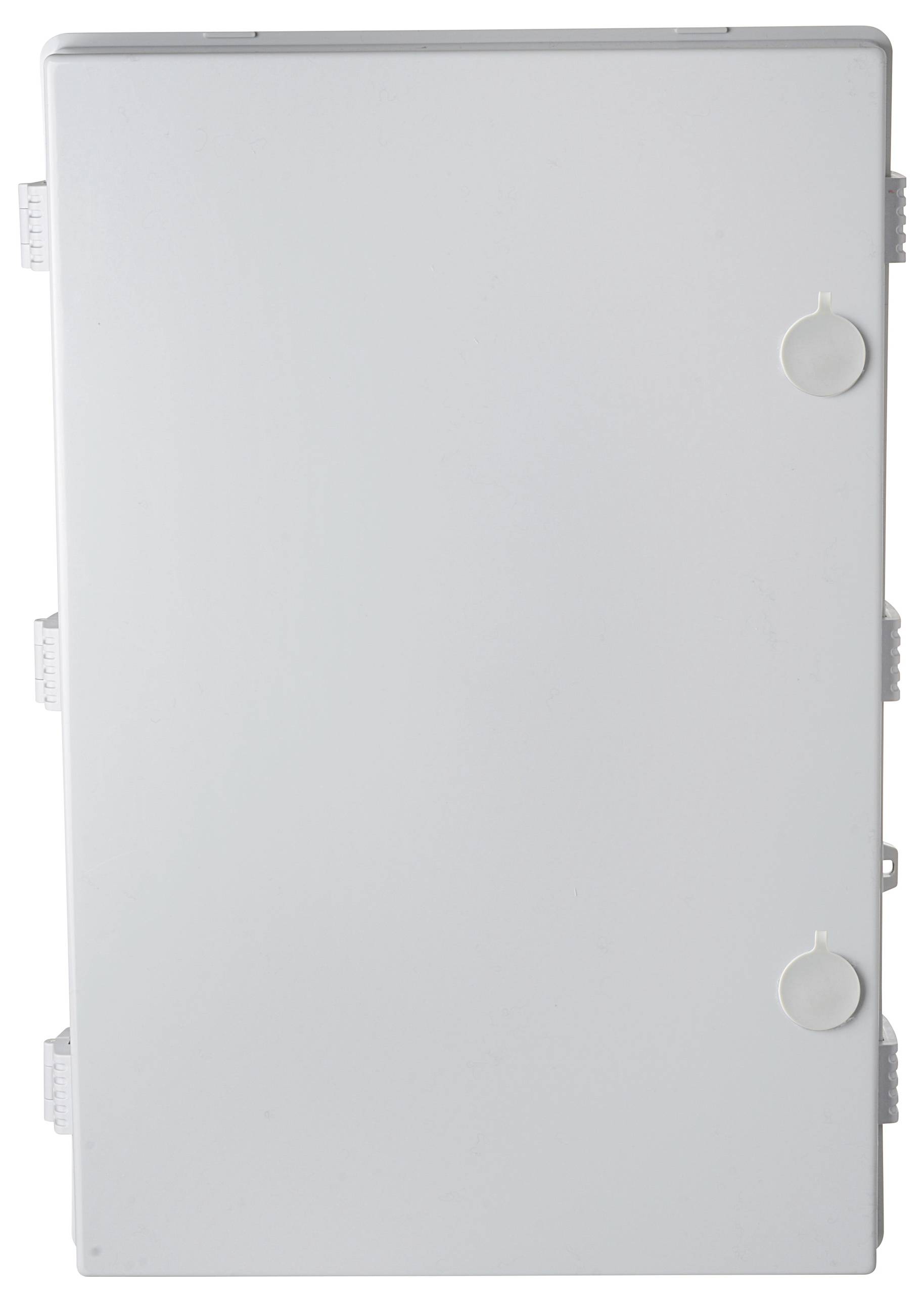 Biały elektryczny rozdzielacz z wieloma punktami zamknięć po bokach.