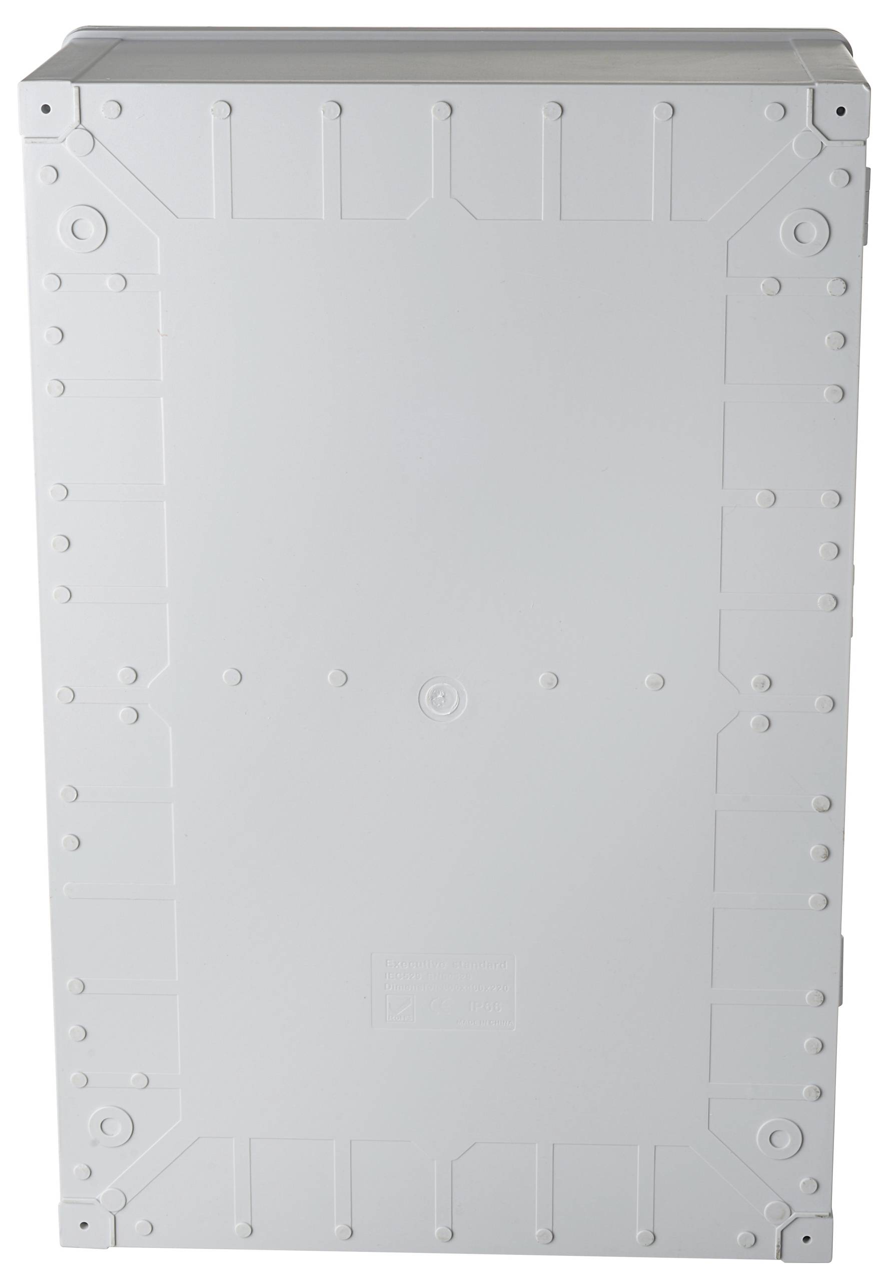 Zamknięty, prostokątny, biały pojemnik z tworzywa sztucznego z widocznymi nitami na krawędziach.