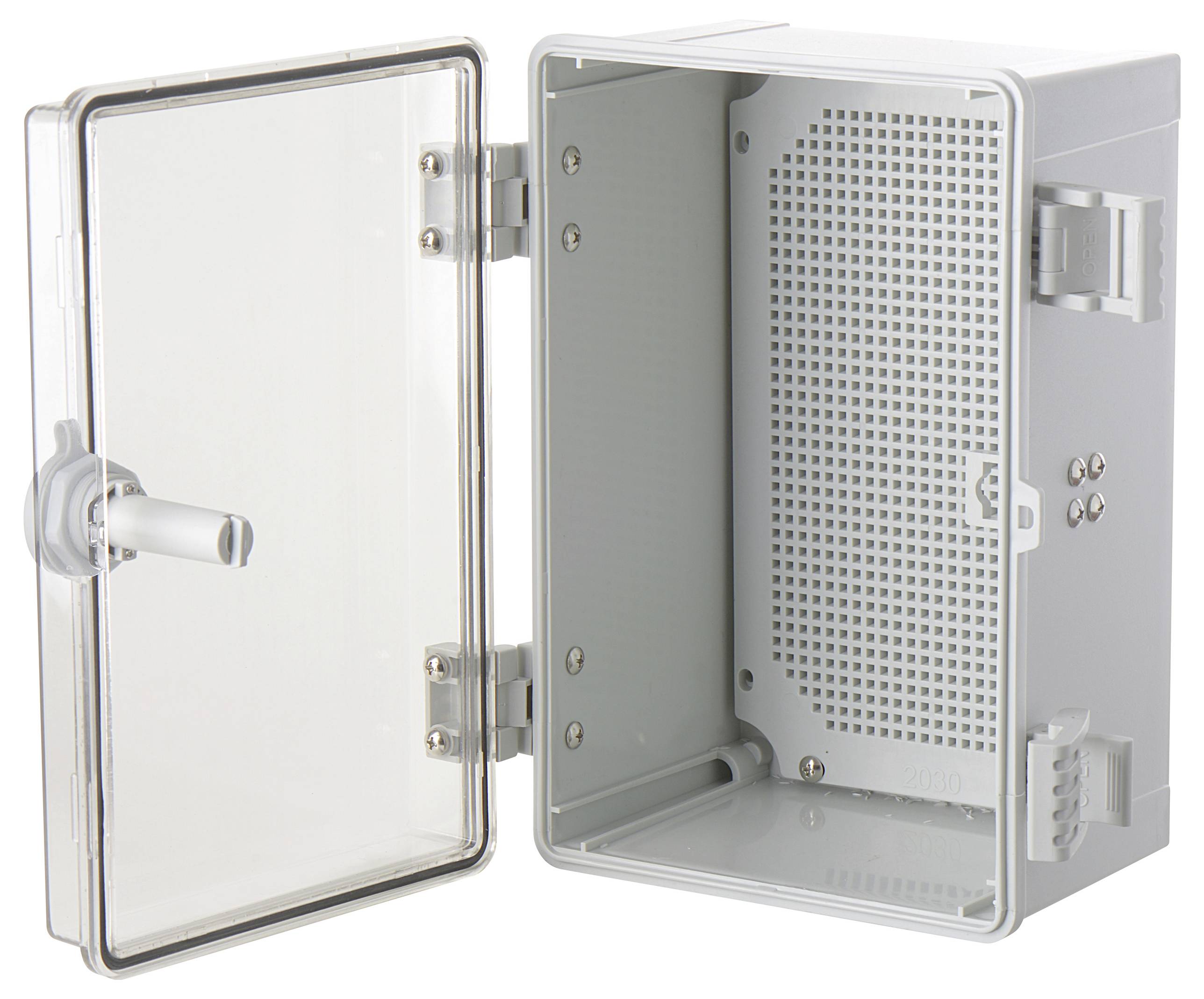 Otwarty, pusty, szary rozdzielacz z tworzywa sztucznego z przezroczystymi drzwiczkami, zawiasami i zatrzaskiem, na białym tle.
