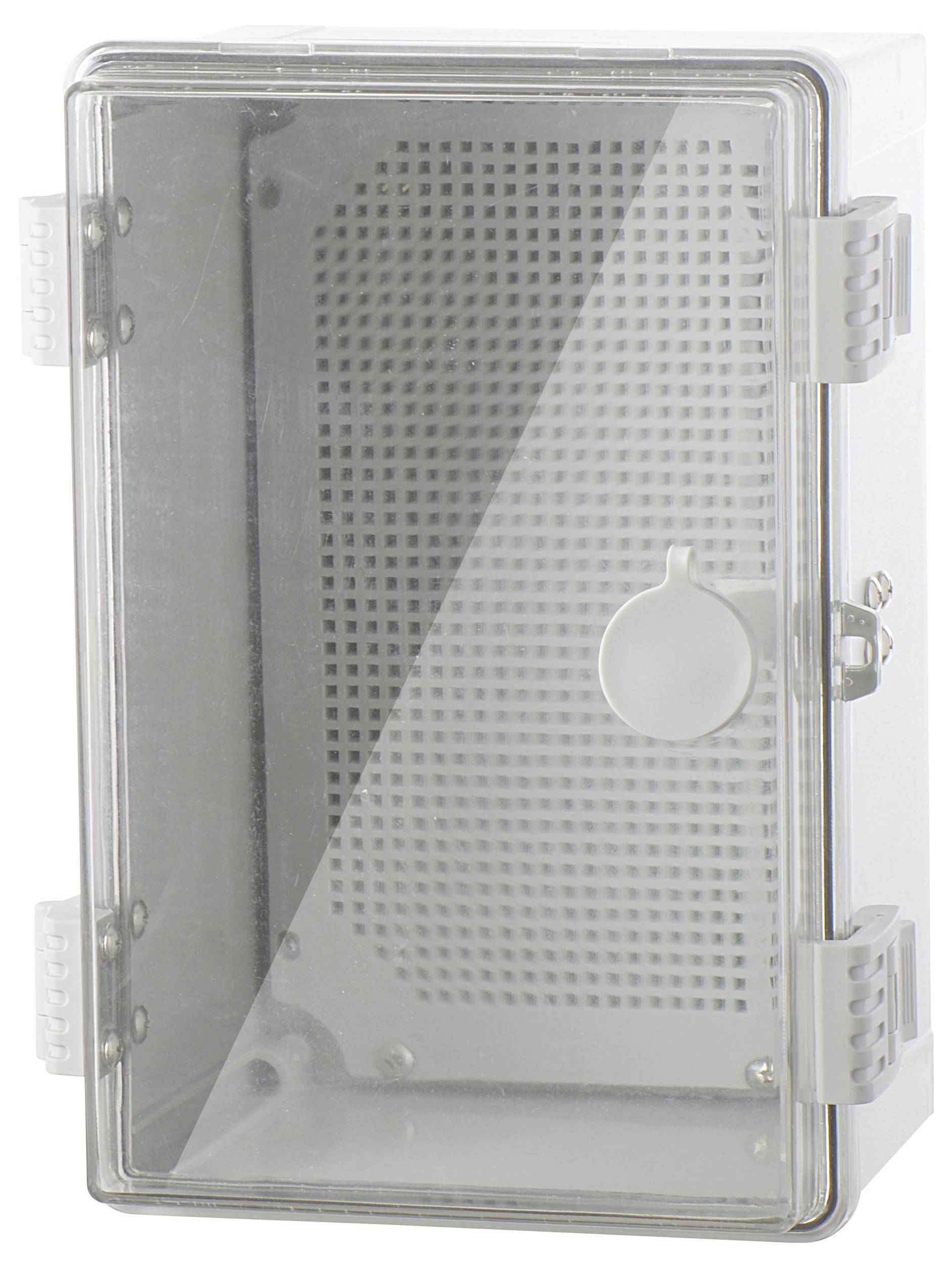 Szafa metalowa z przezroczystymi drzwiami, wentylowanym wnętrzem i zawiasami bocznymi, przeznaczona do przechowywania urządzeń technicznych lub elektrycznych.