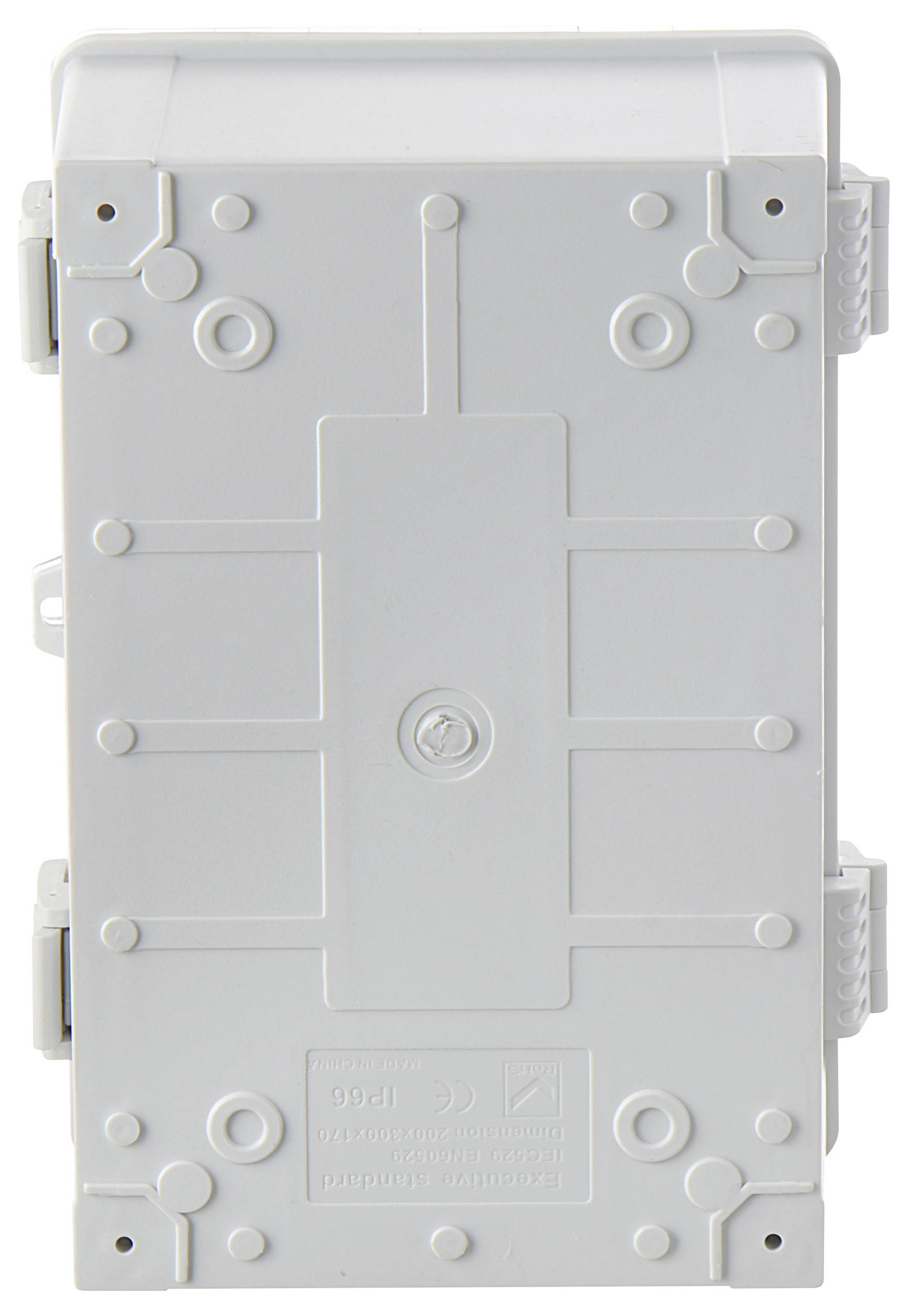 Szare, prostokątne, odporne na warunki atmosferyczne obudowa z tworzywa sztucznego z wieloma punktami mocowania i centralną śrubą.