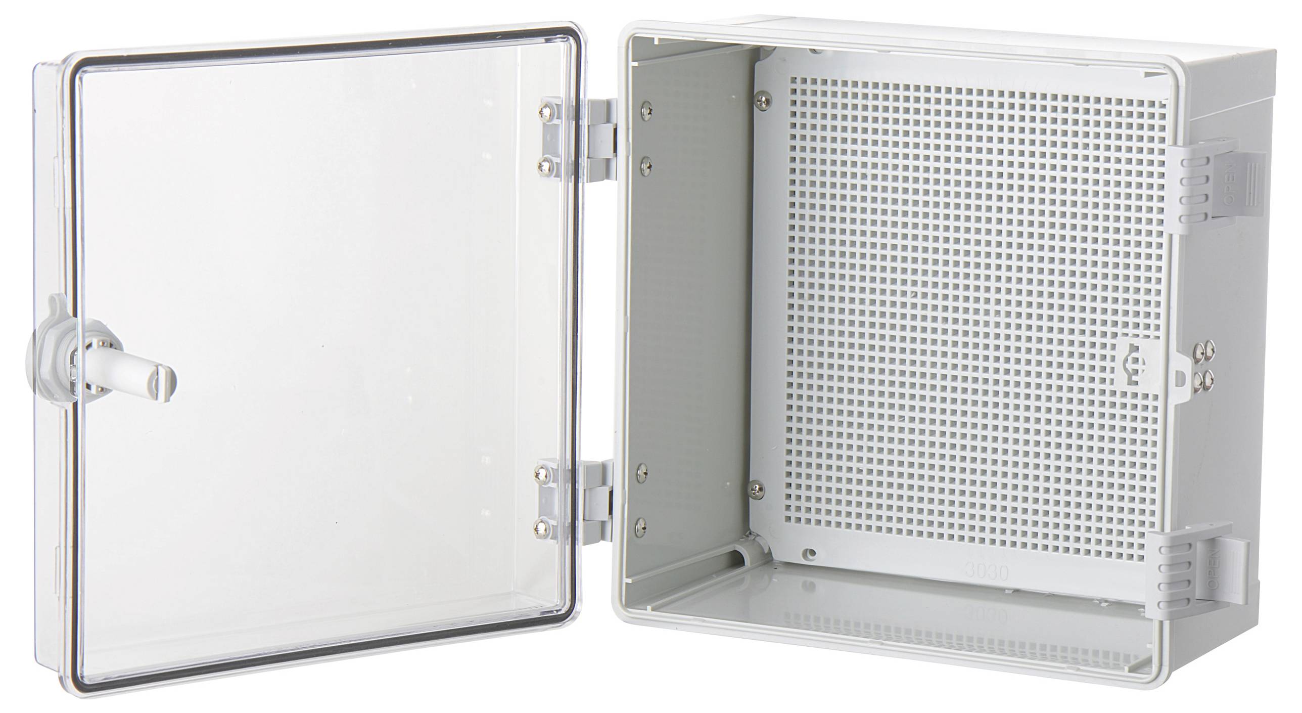 Pusty, otwarty szary korpus elektroniczny z przezroczystą, czystą pokrywą i płytką montażową wewnątrz. Idealny do montażu.