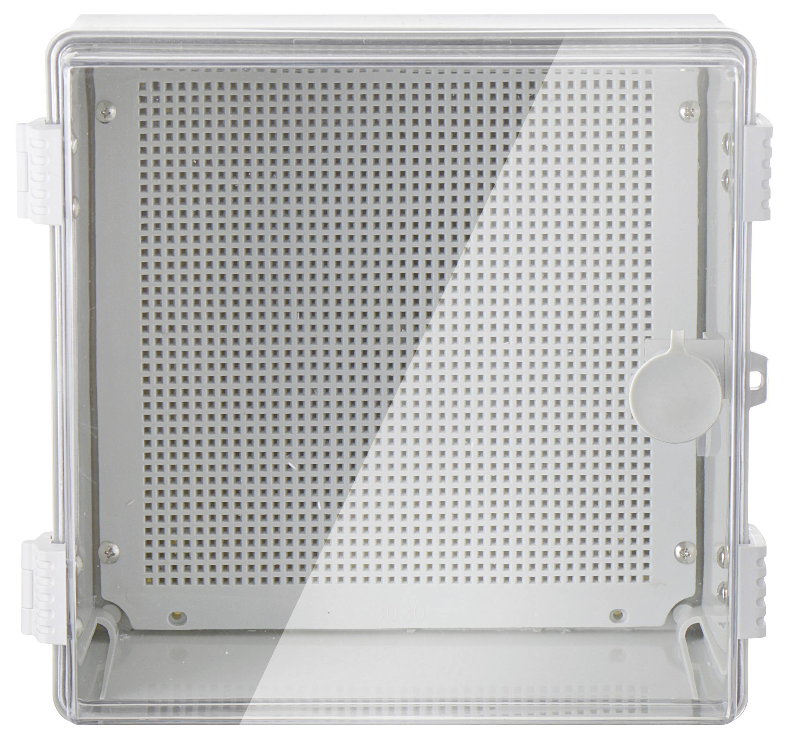 Kwadratowe, przezroczyste pudełko z tworzywa sztucznego z wewnętrzną stroną wykonaną z metalowej siatki. Dwa boczne rygle do zamykania. Odpowiednie do przechowywania elektroniki lub ochrony przed warunkami atmosferycznymi.