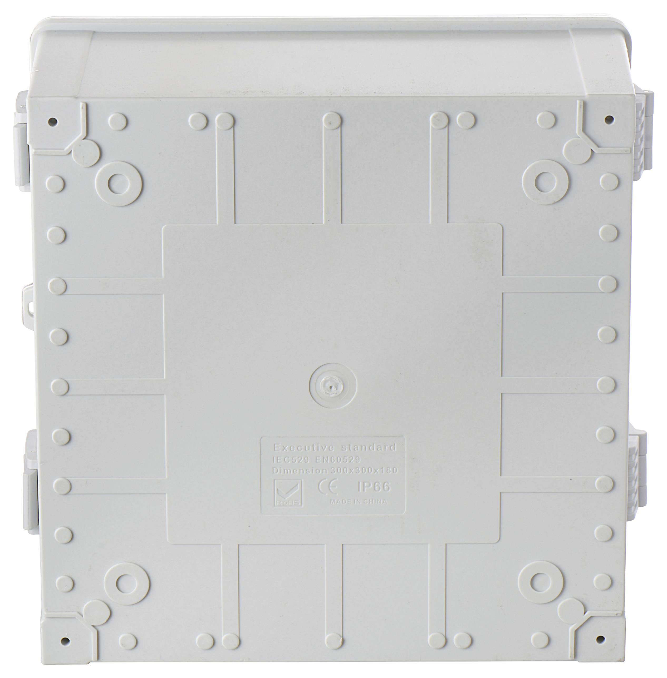 Prostokątne, szare pudełko z tworzywa sztucznego z kilkoma okrągłymi wypustkami i centralną prostokątną płaszczyzną; stosowane w instalacjach elektrycznych.