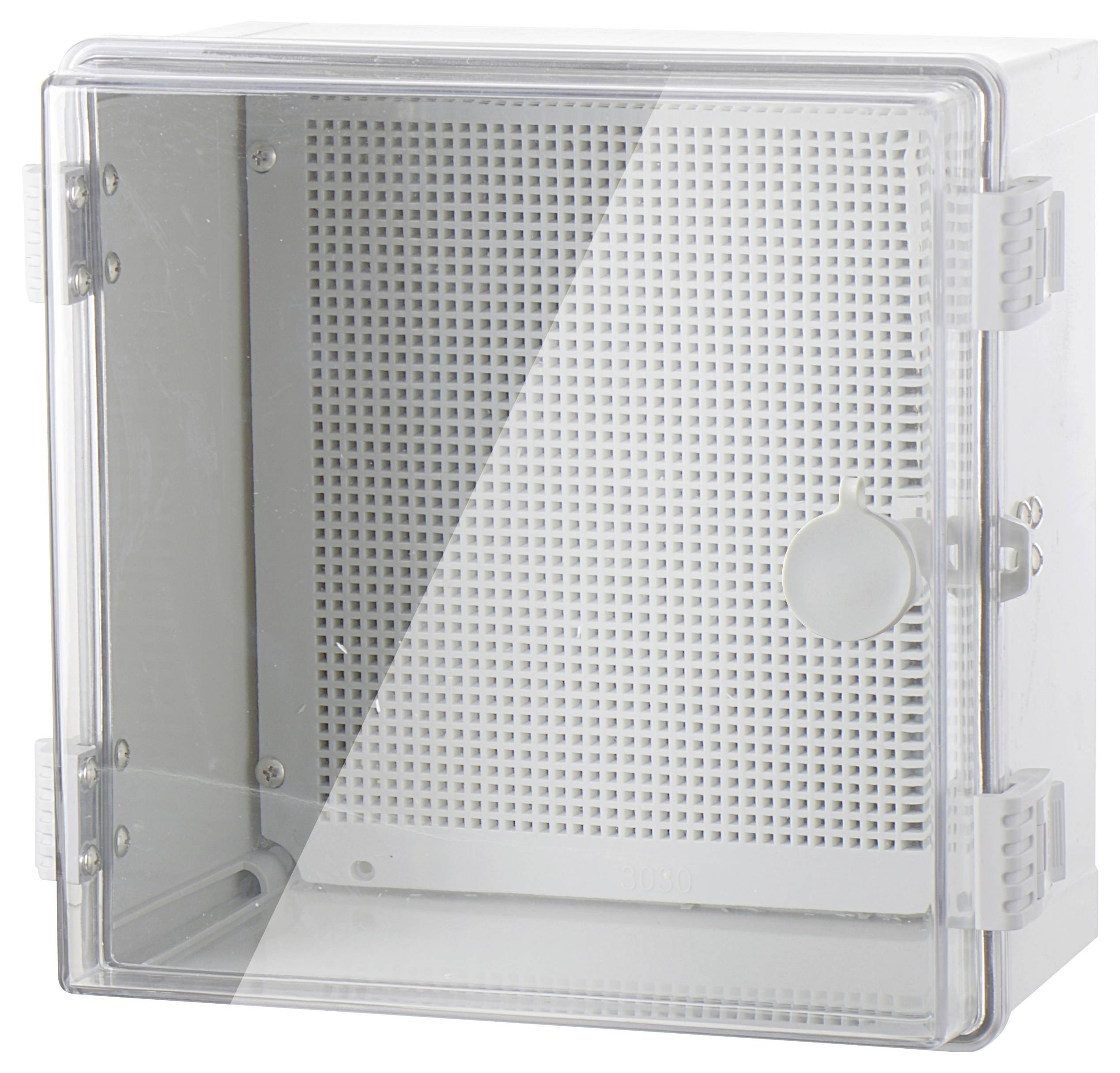 Przezroczysta obudowa z tworzywa sztucznego z kratką wentylacyjną z tyłu. Odpowiednia do montażu urządzeń elektronicznych.