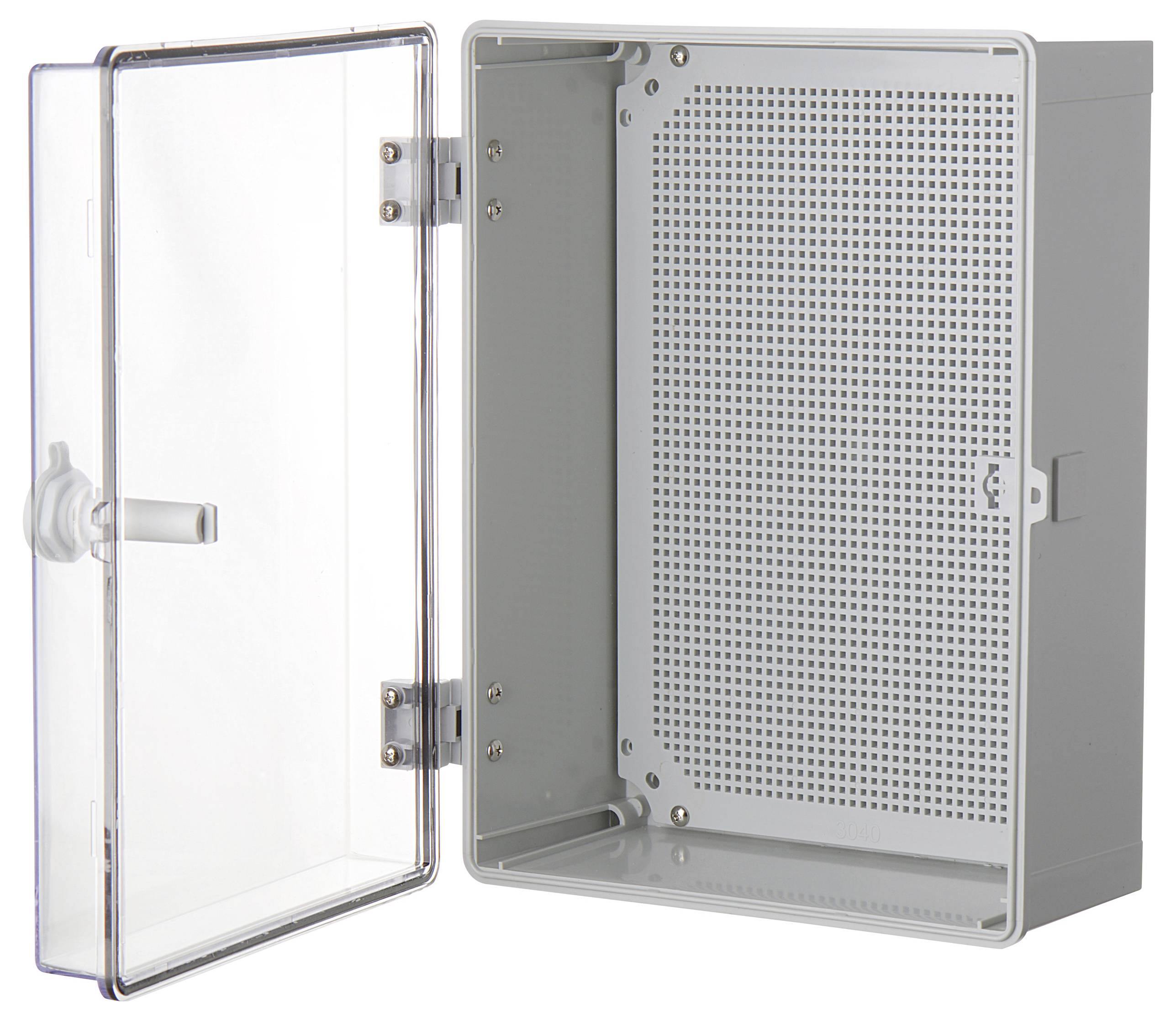 Szaro-biała szafa sterownicza z przezroczystym, otwartym skrzydłem drzwi i perforowaną płytą montażową wewnątrz.